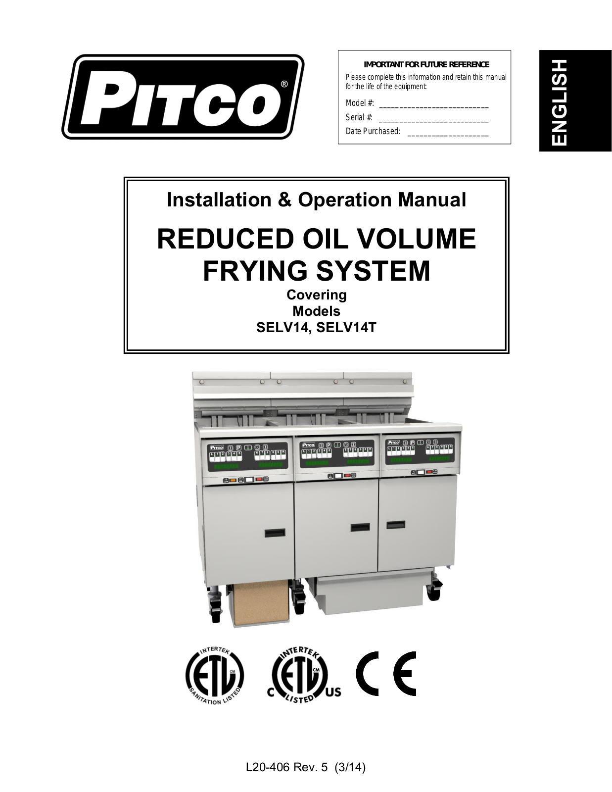 Pitco SELV14T Installation Manual