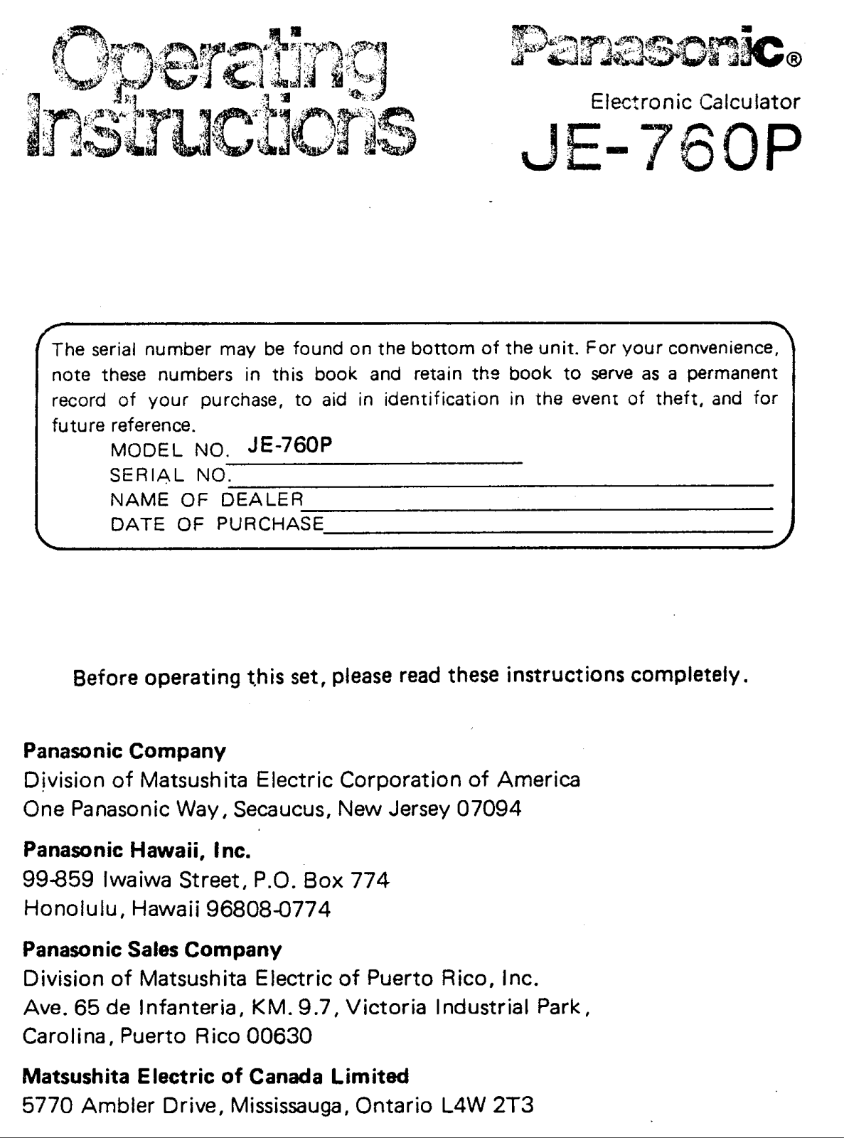 Panasonic je-760 Operation Manual