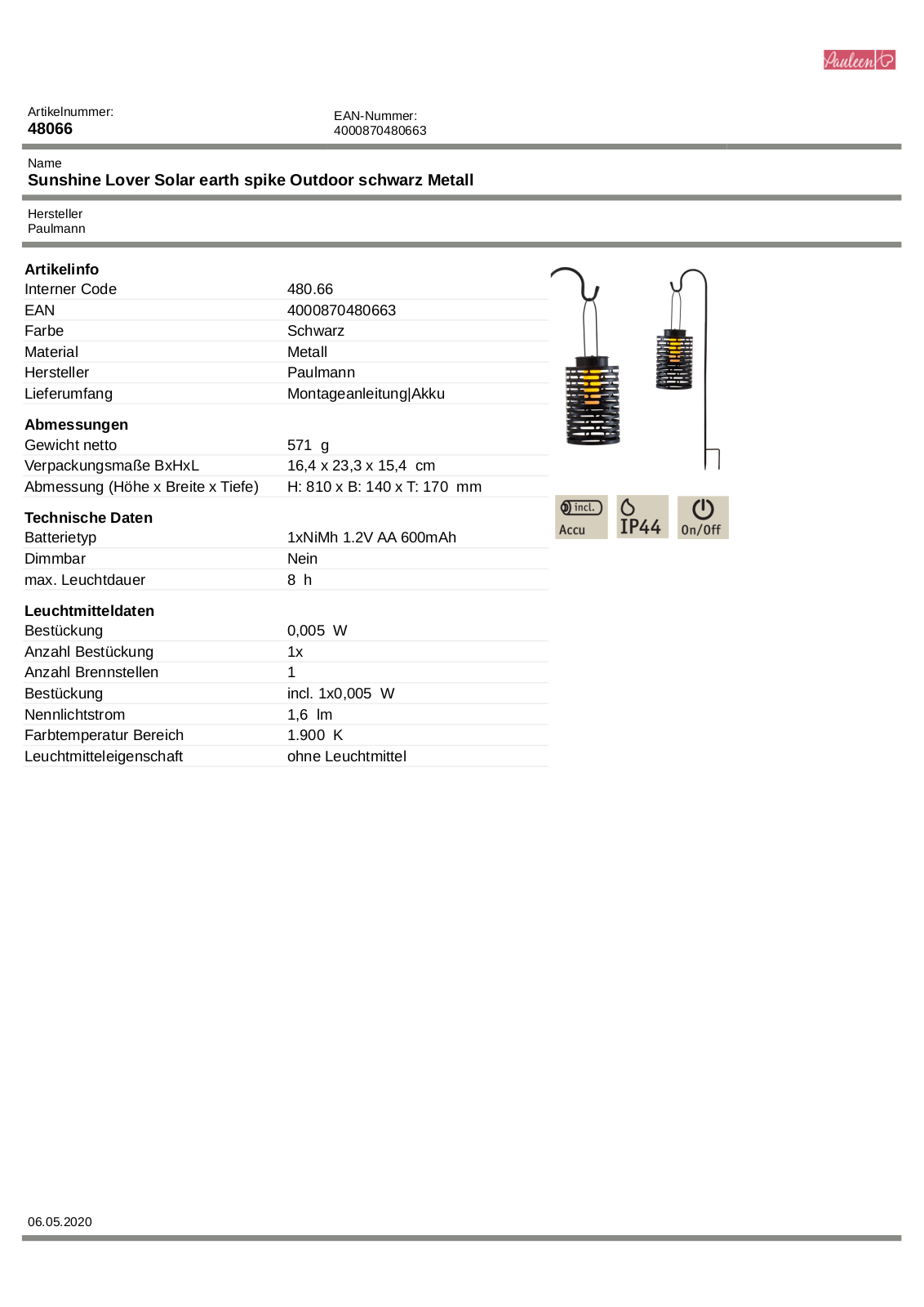 Pauleen Sunshine Lover Technical data