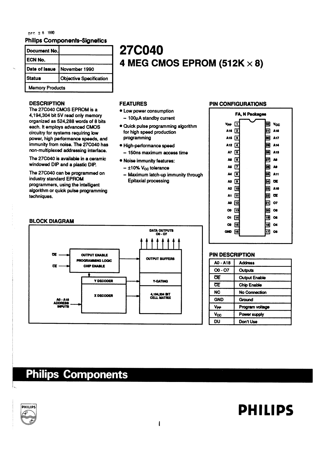 Philips 27C040-20N, 27C040-20FA, 27C040-15N Datasheet