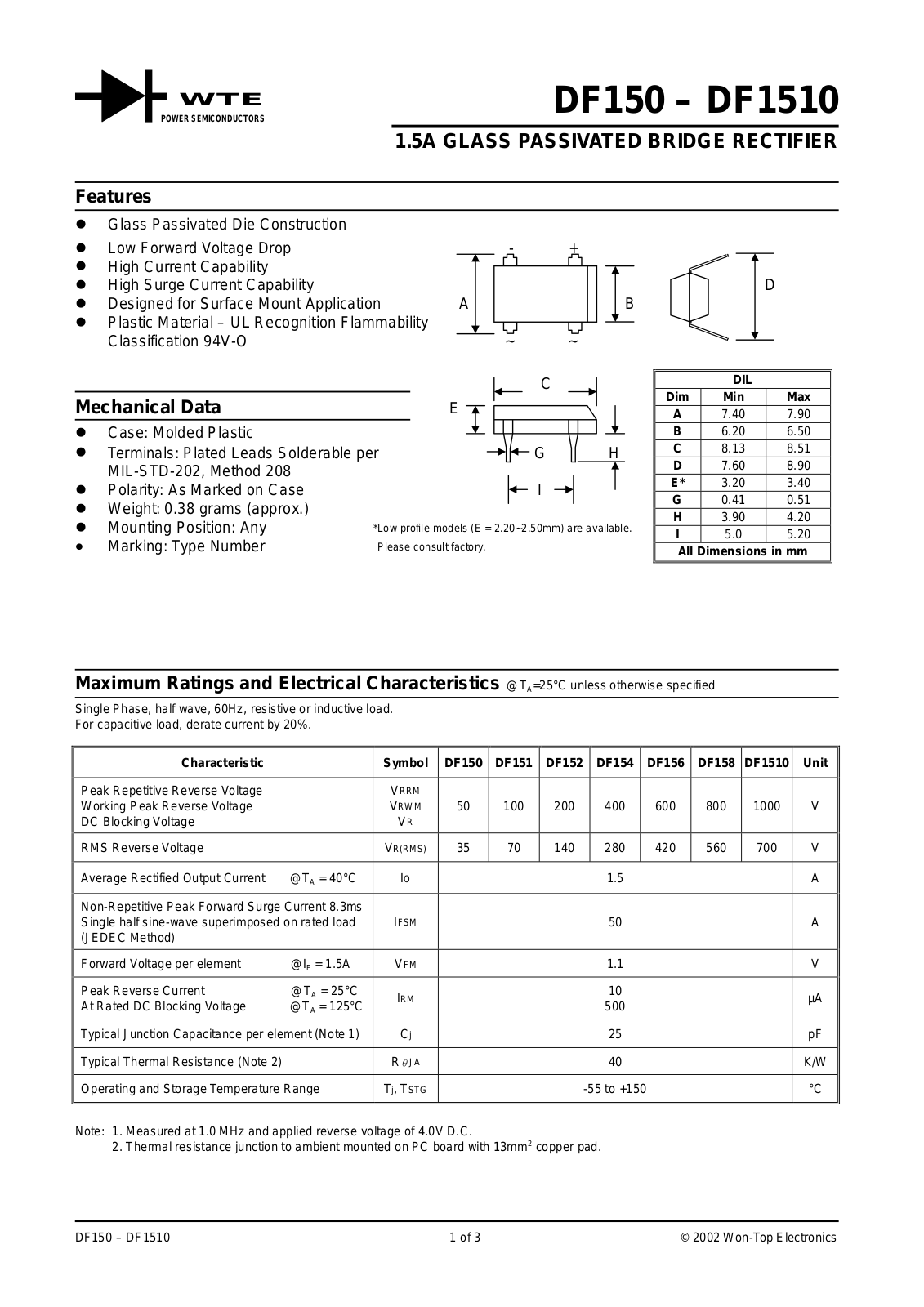 WTE DF1510, DF151, DF152, DF158, DF156 Datasheet