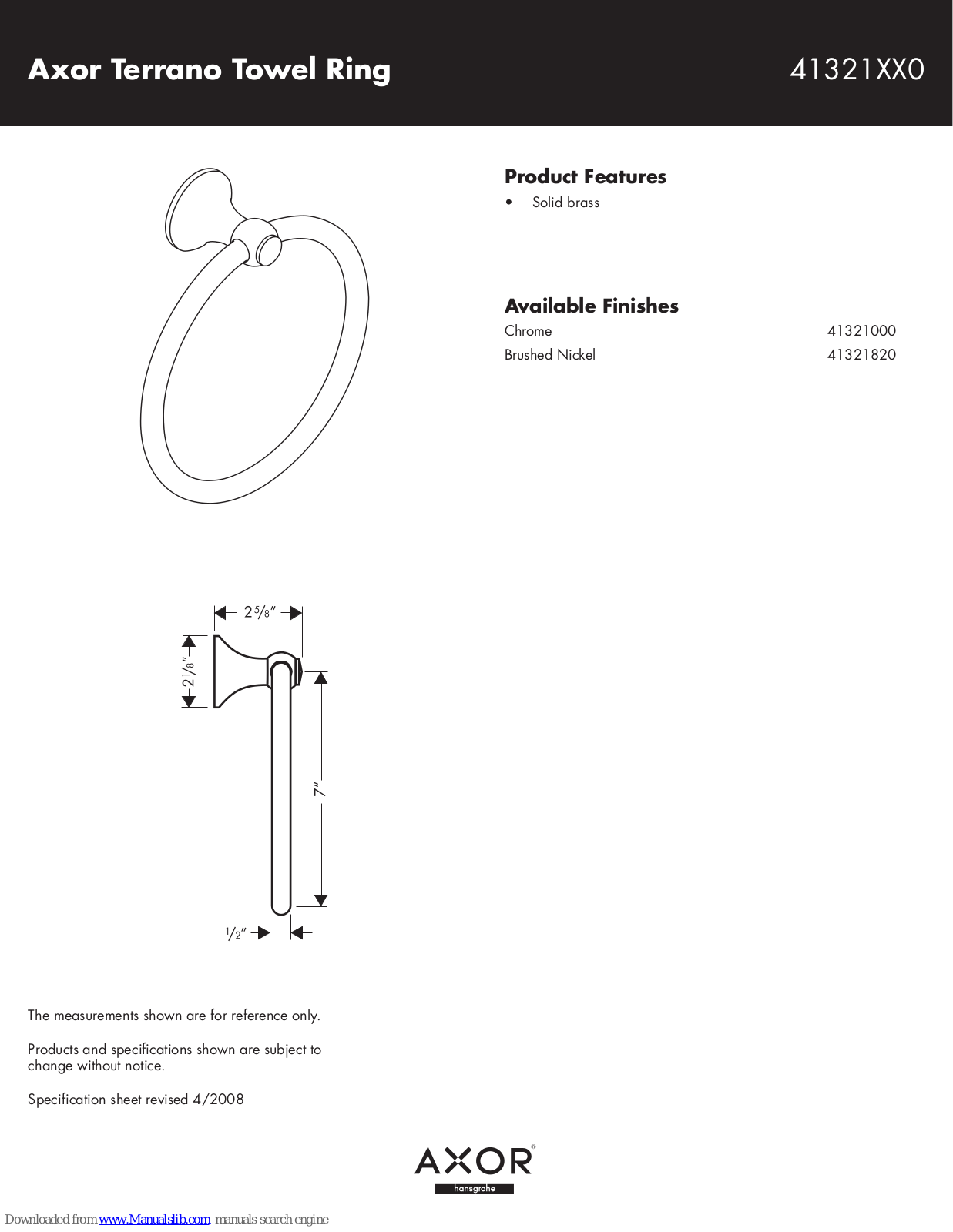 Hansgrohe 41321000, 41321820 Specification Sheet