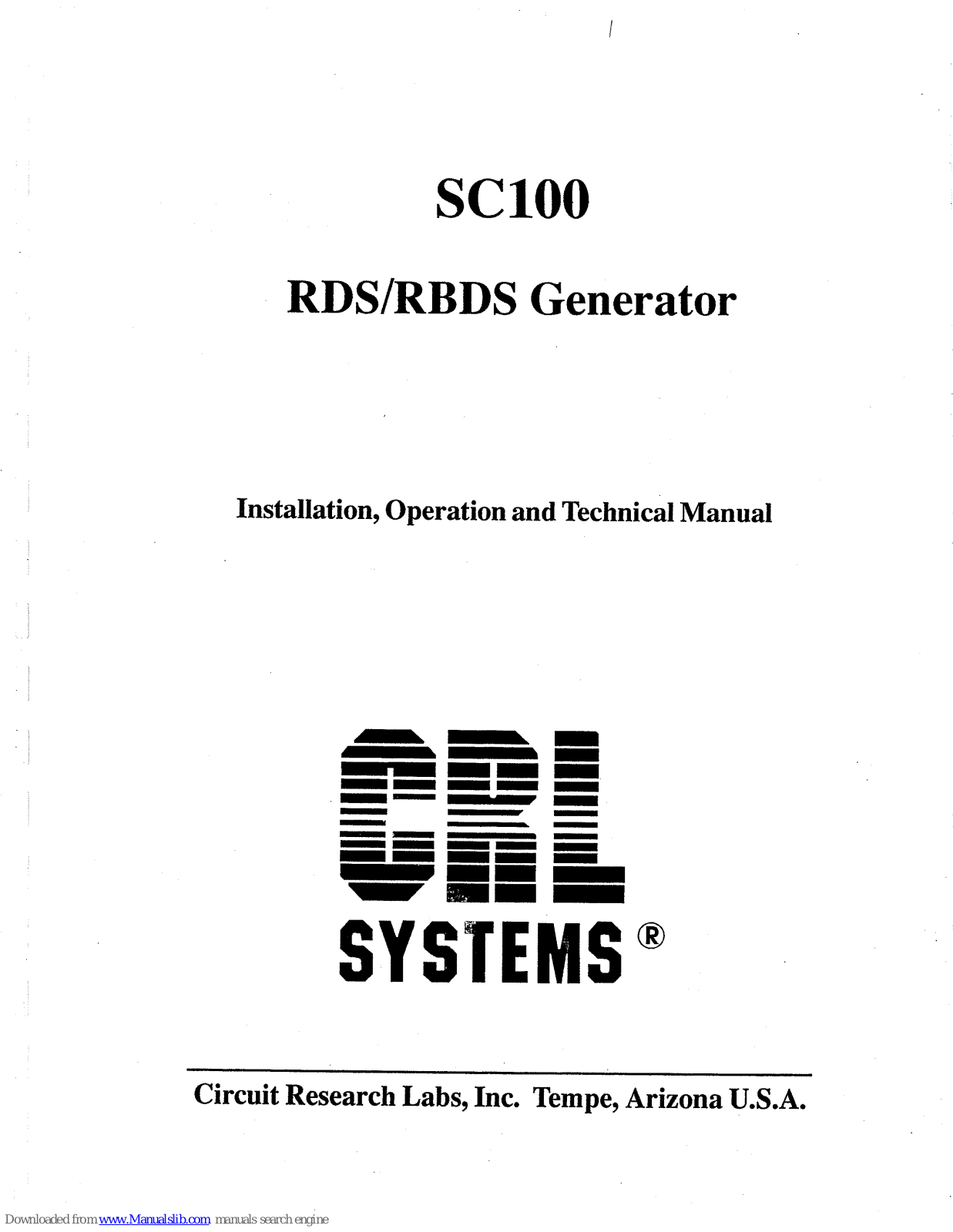 CRL Systems SC100 Installation, Operation And Technical Manual - ManualMachine.com