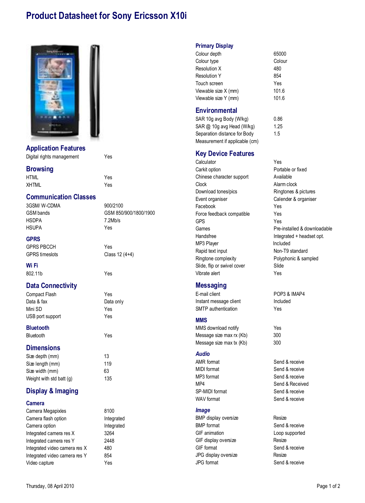 Sony ericsson X10I DATASHEET