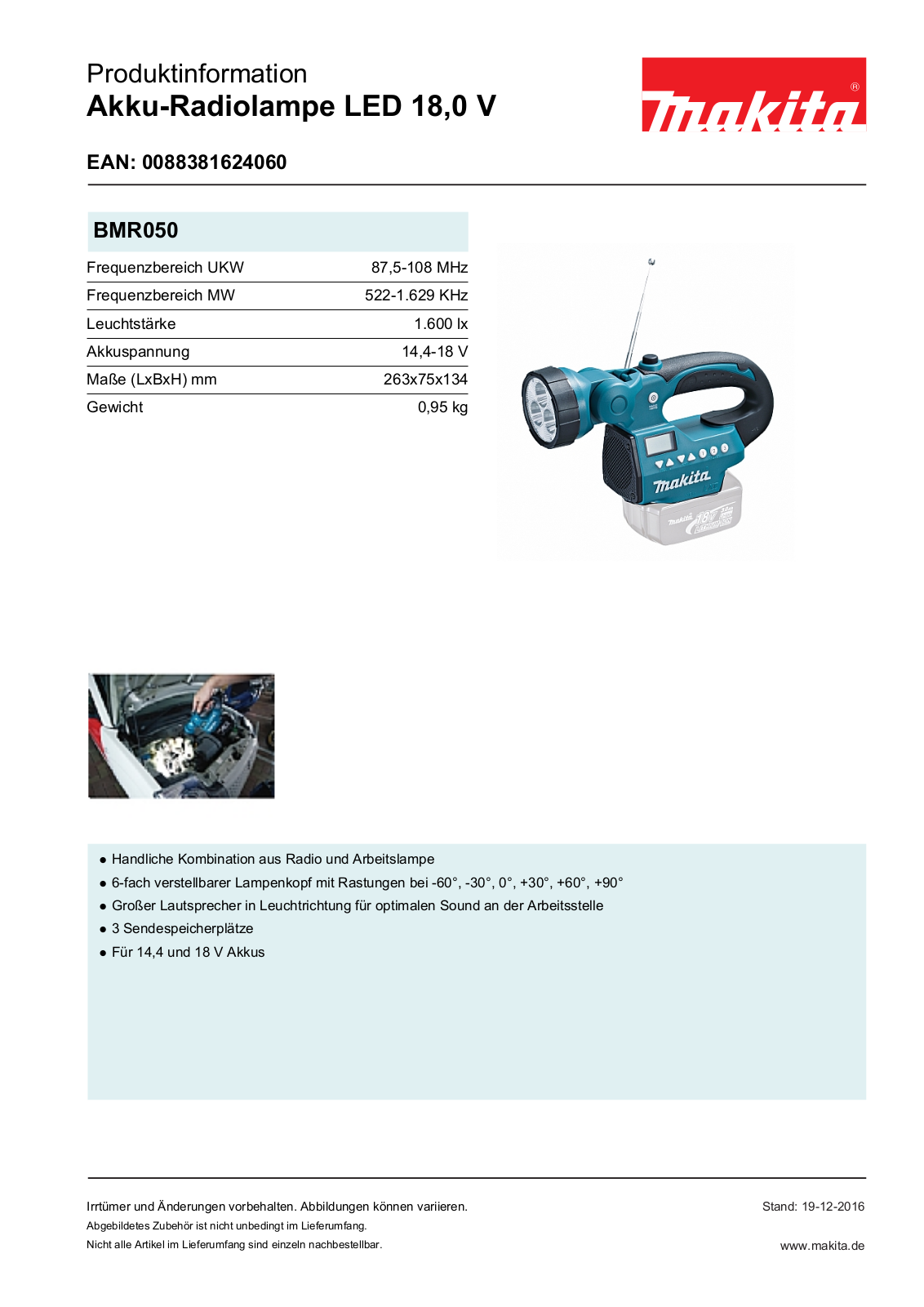 Makita BMR050 Technical data