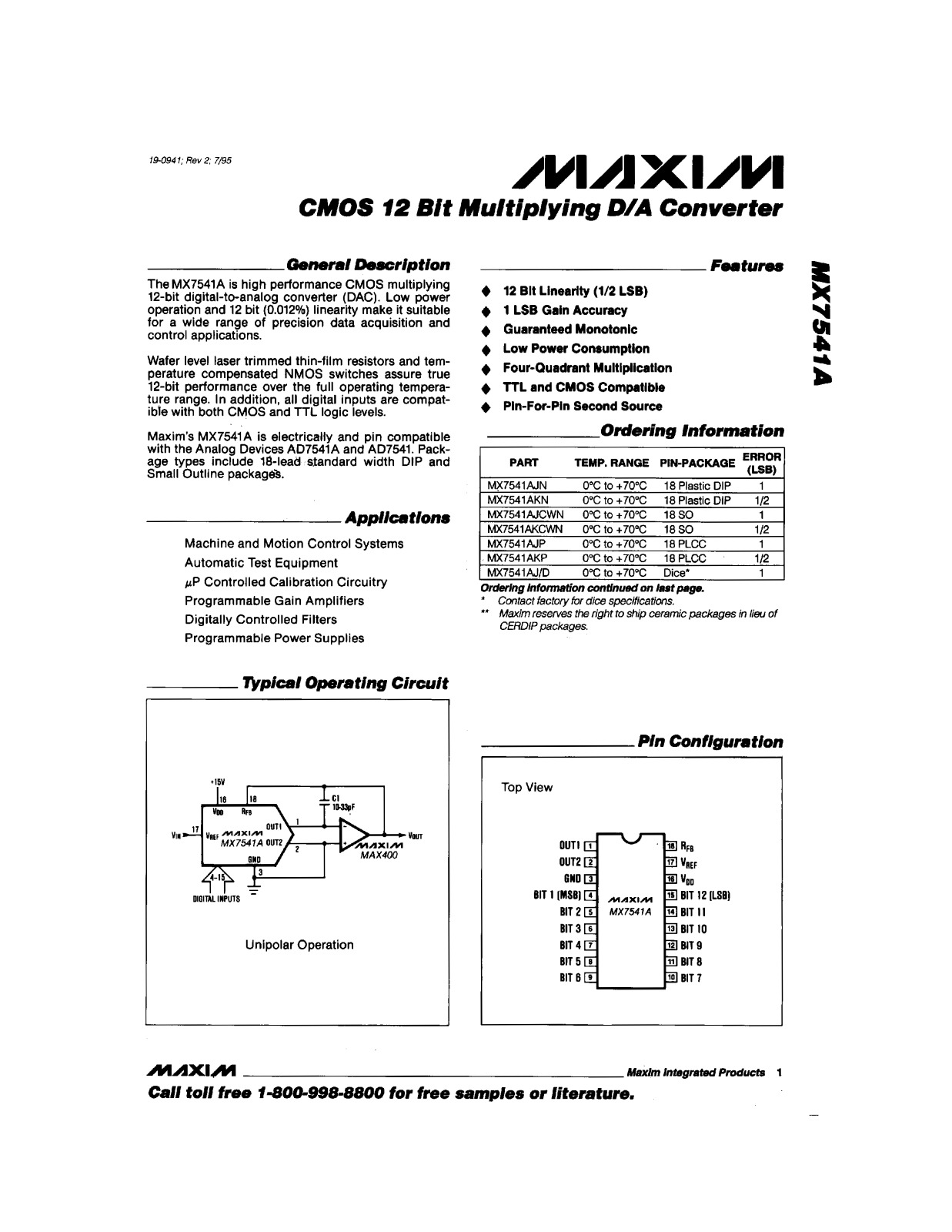 Maxim MX7541AAD, MX7541AAQ, MX7541ABD, MX7541ABQ, MX7541AJ-D Datasheet