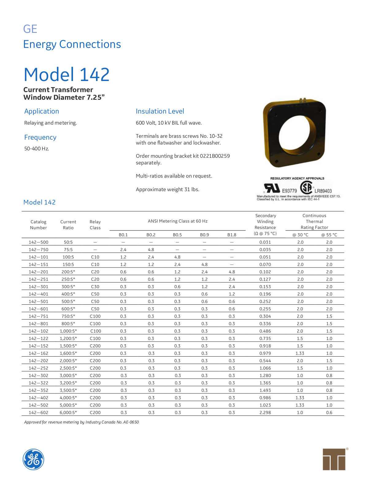 Instrument Transformer, Div of GE 142 Data Sheet