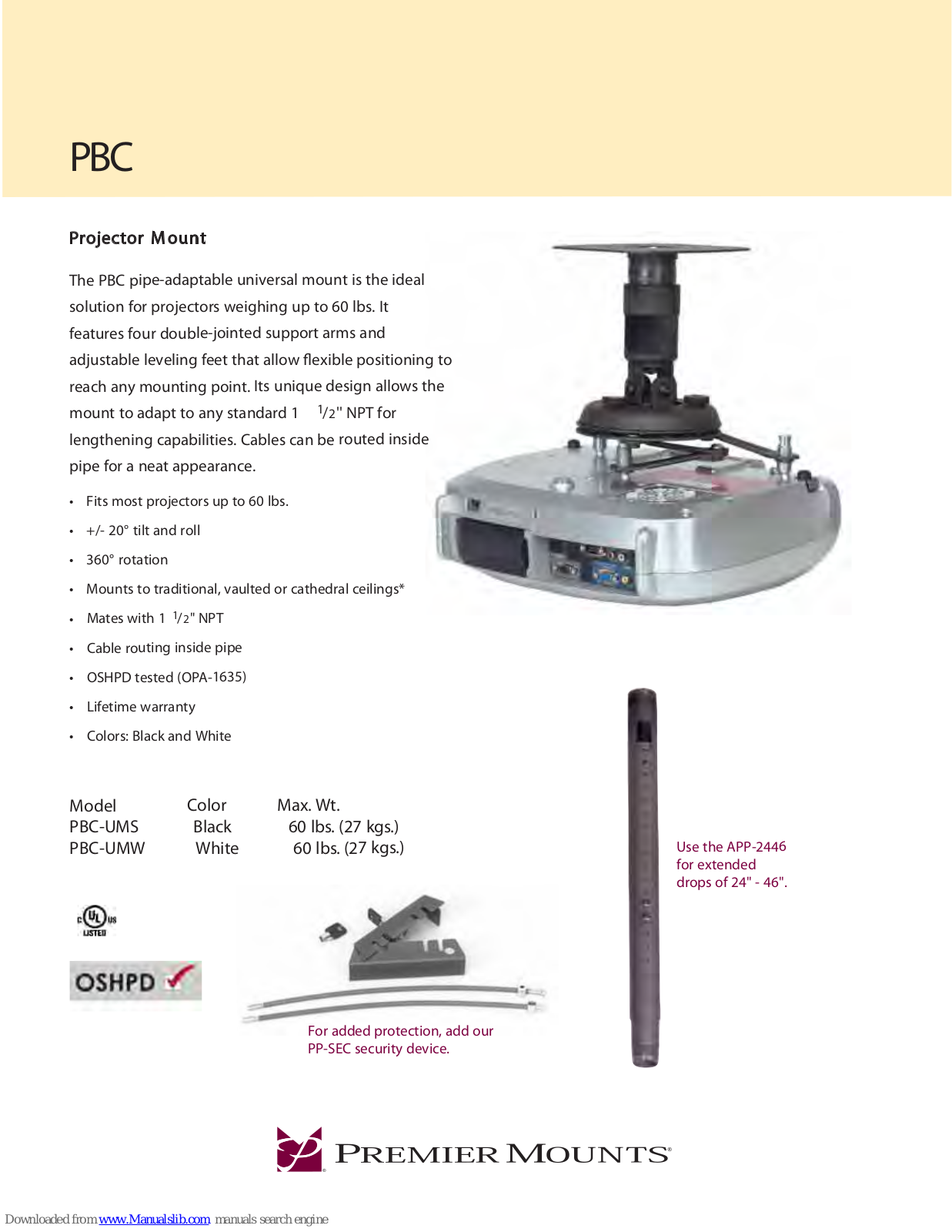 Premier Mounts Universal Projector Mount PBC-UMW, PBC-UMS Specification Sheet - ManualMachine.com