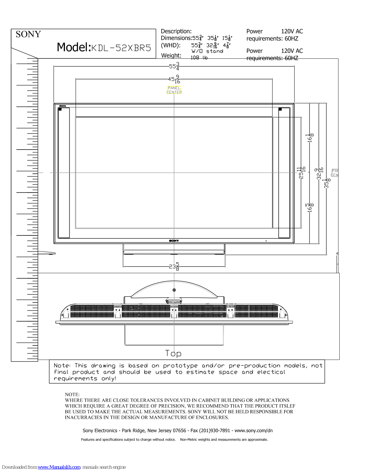 Sony BRAVIA KDL-52XBR5 Dimensional Drawing