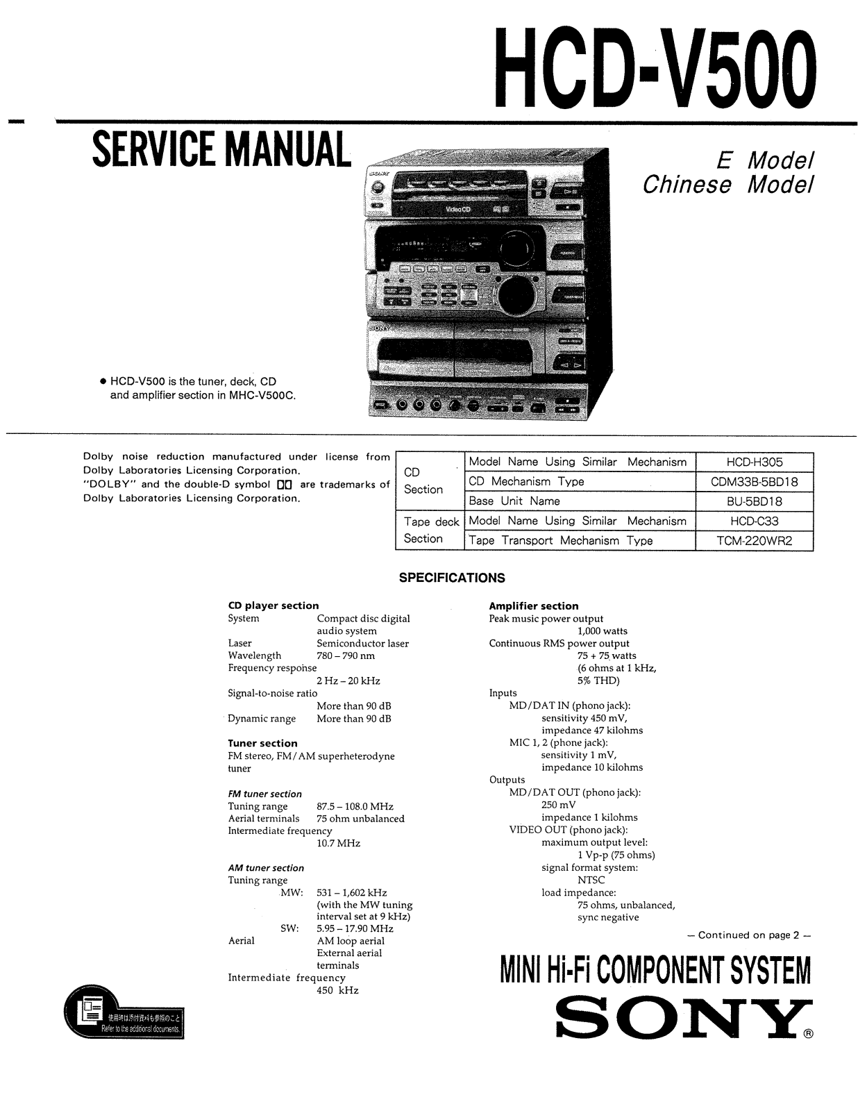 Sony HCD V500 Service Manual