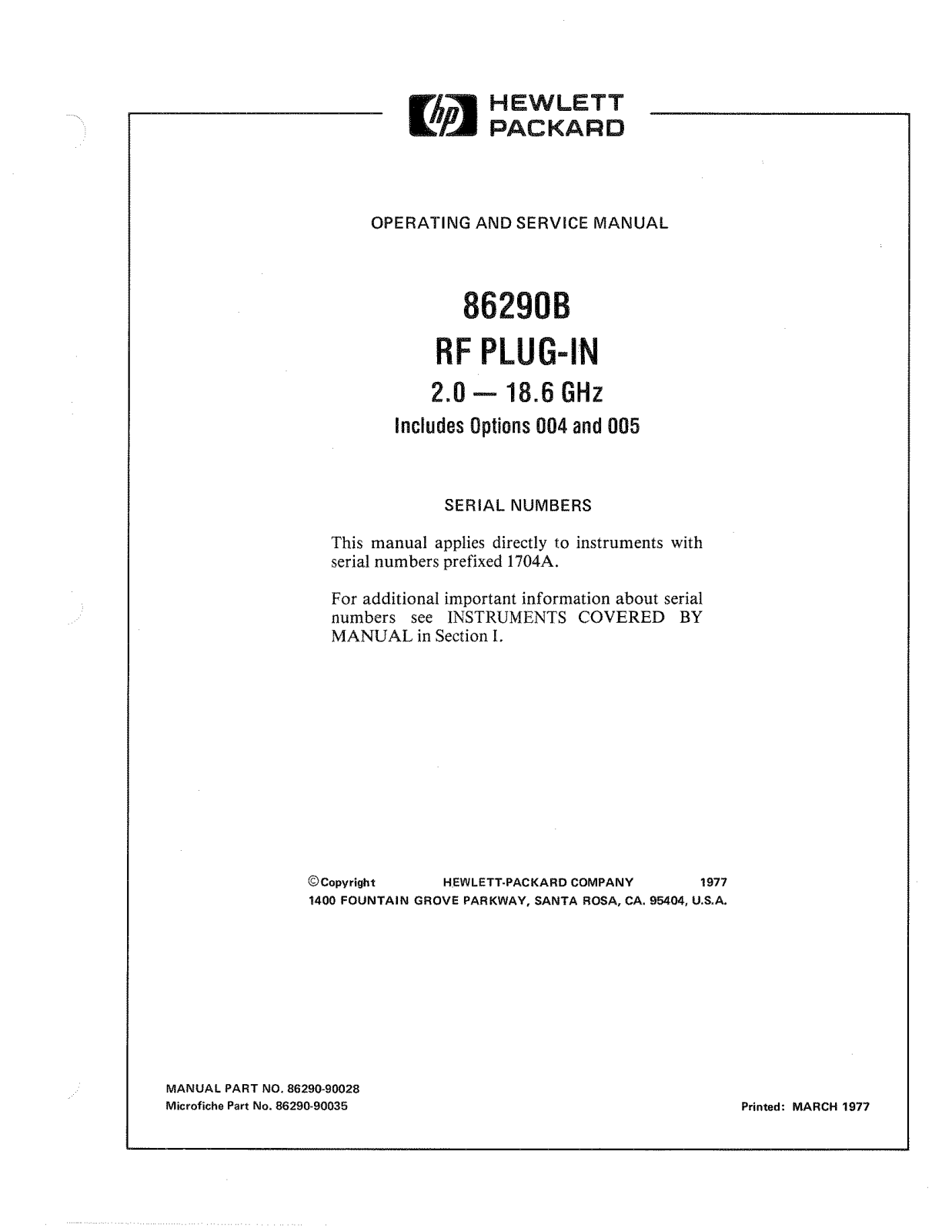 HP (Hewlett-Packard) 86290B User Manual