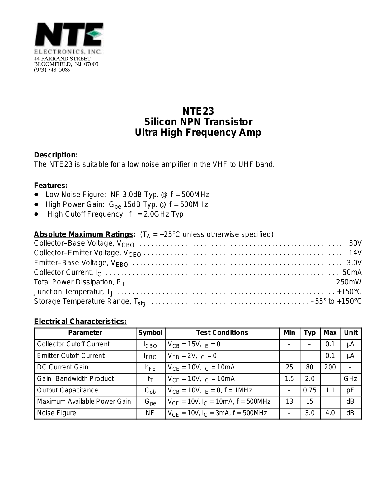 Datasheet NTE23 Datasheet (NTE) - ManualMachine.com