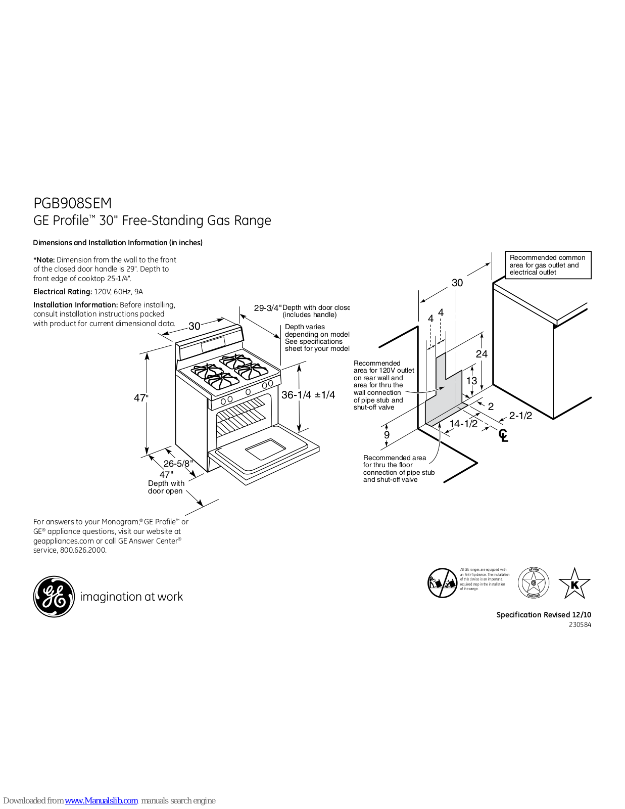 GE PROFILE PGB908SEM, Profile PGB908SEMSS Dimensions And Installation Information