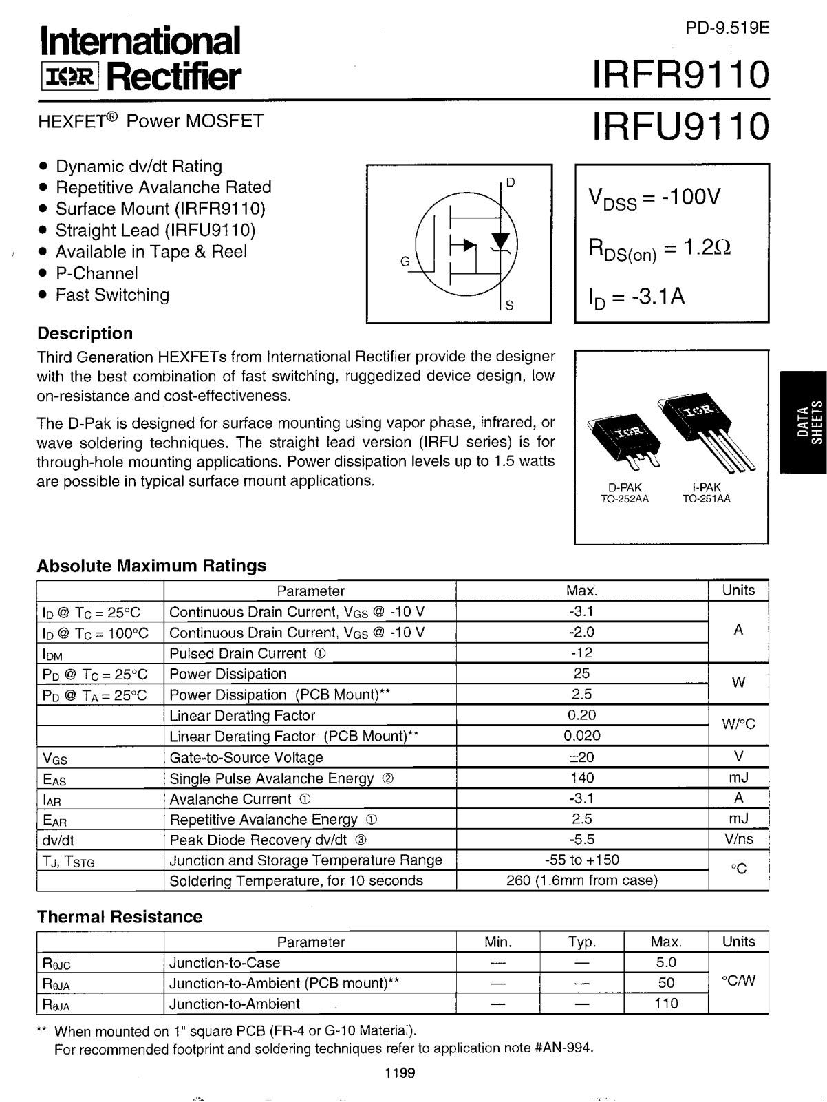 International Rectifier IRFU9110, IRFR9110 Datasheet