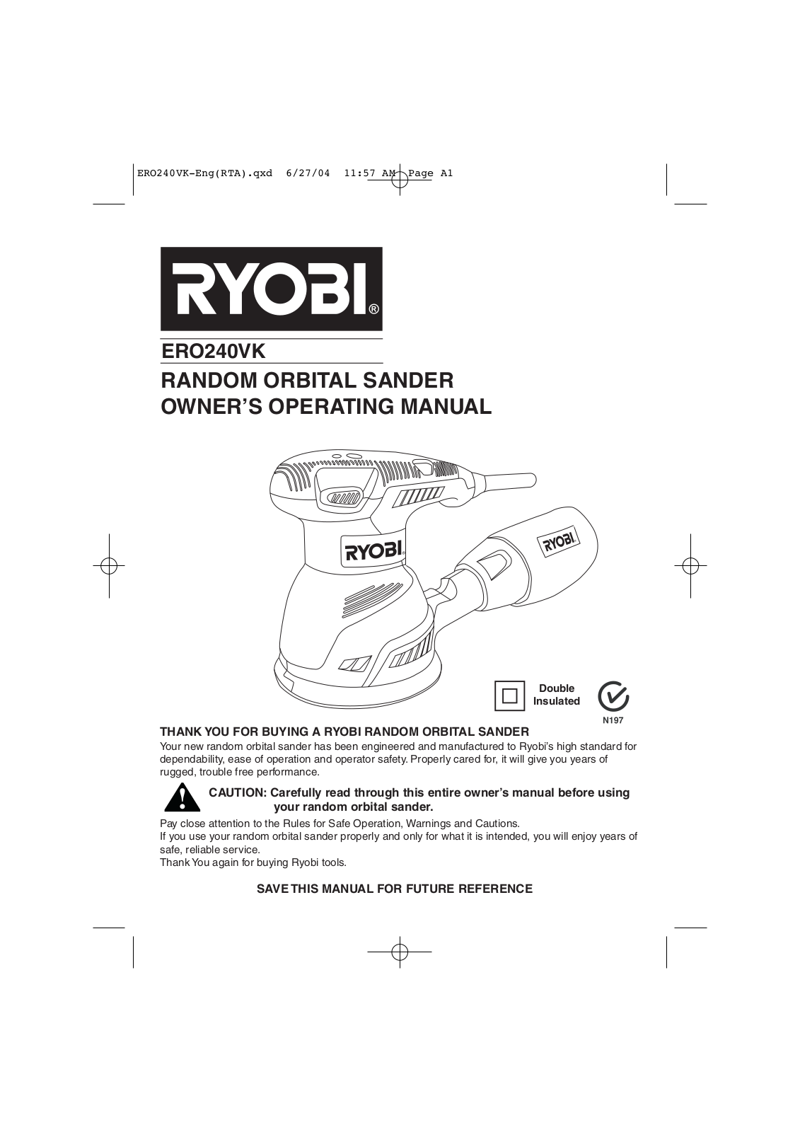 Ryobi 400W RANDOM ORBITAL SANDER  ERO240VK User Manual