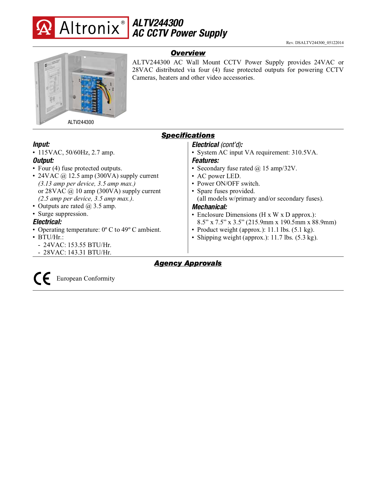 Altronix ALTV244300 Specsheet