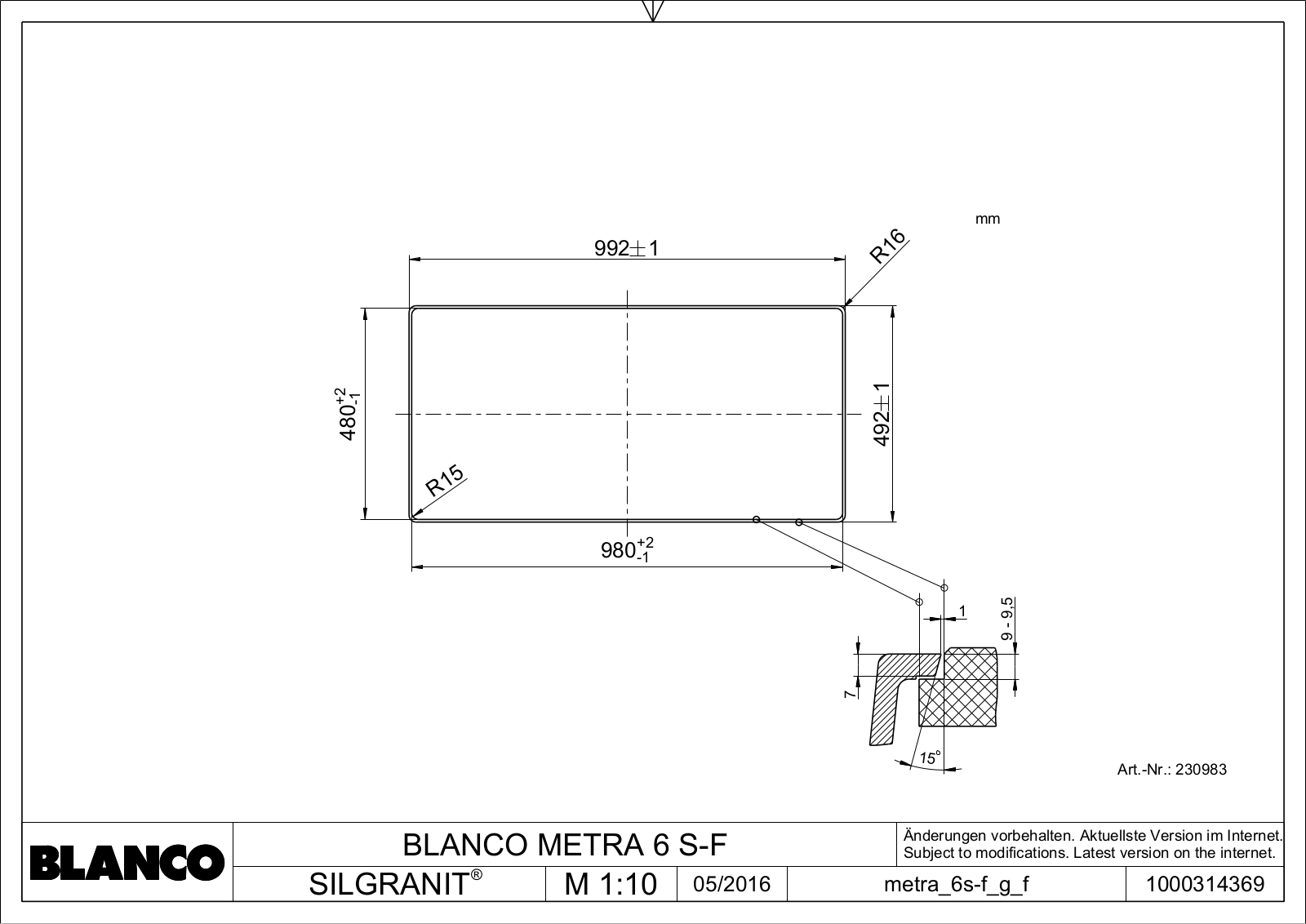 Blanco Metra 6 S-F Technical drawing