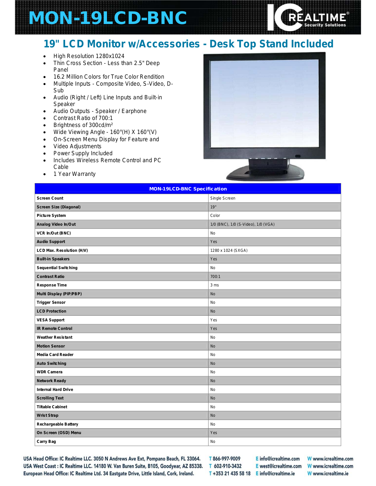 ICRealtime MON-19LCD-BNC Specsheet