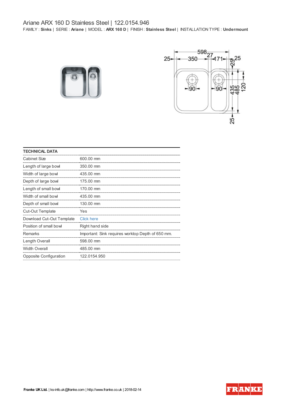Franke ARX160DSBR Specifications Sheet - ManualMachine.com