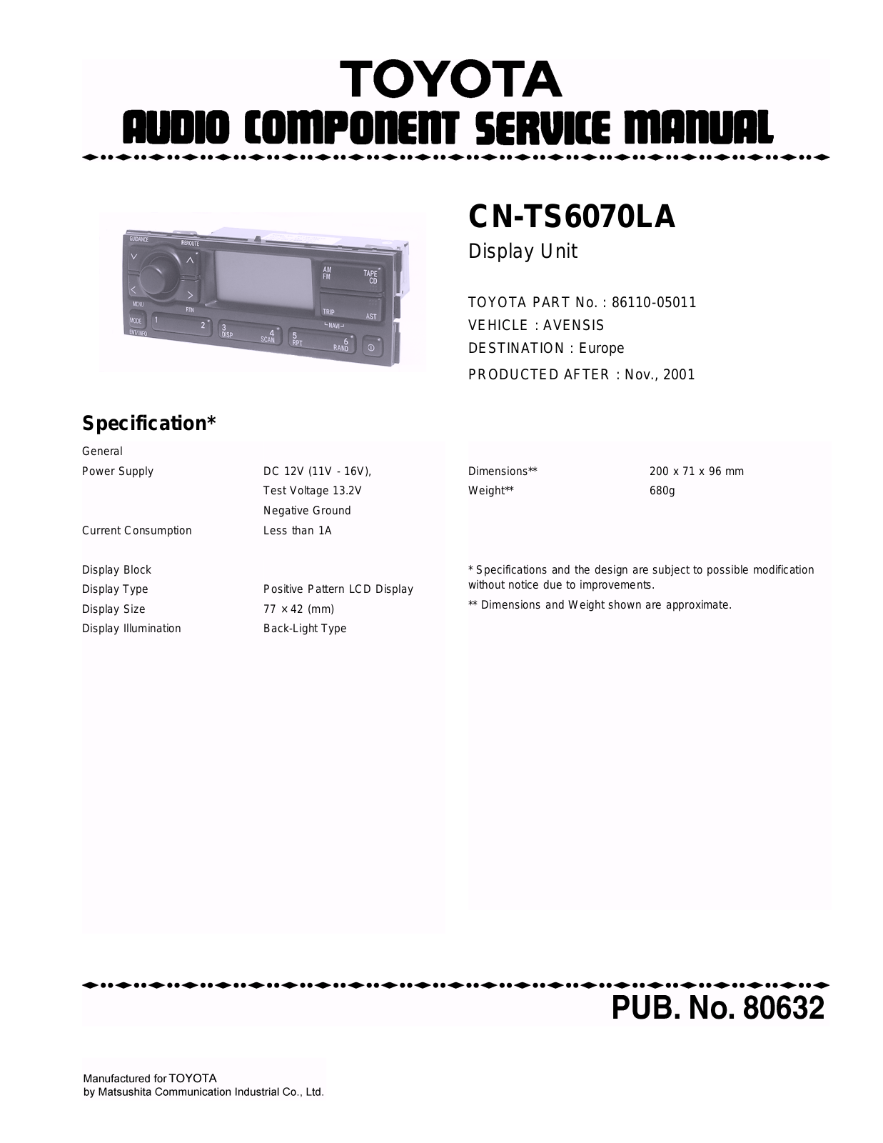 Toyota CN-TS6070LA Service Manual