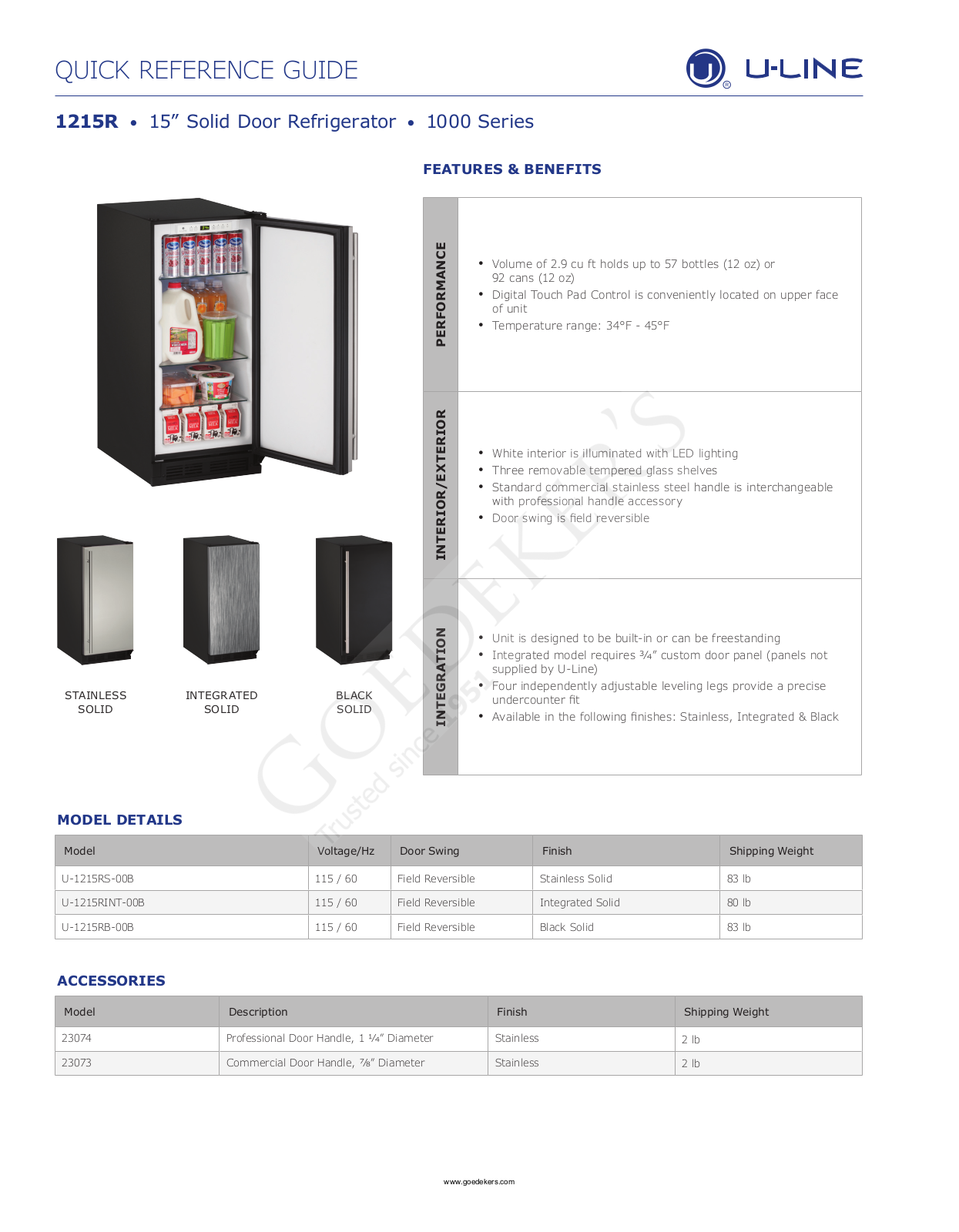 U-Line 1215RS-00B, 1215RB-00B, 1000 series1215R series, 1215RINT-00B Quick Reference Manual