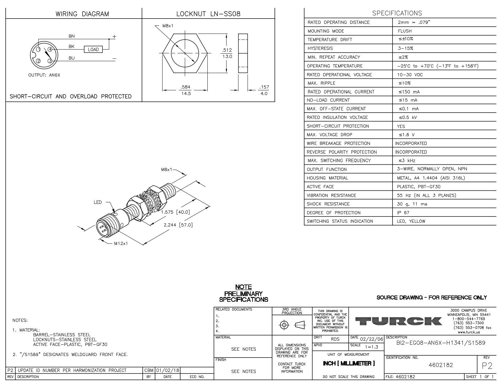 Turck BI2-EG08-AN6X-H1341/S1589 Data Sheet