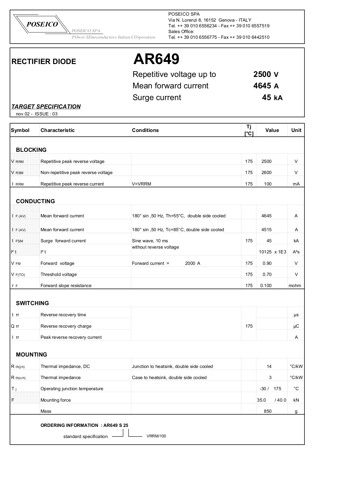 POSEICO AR649S25 Datasheet