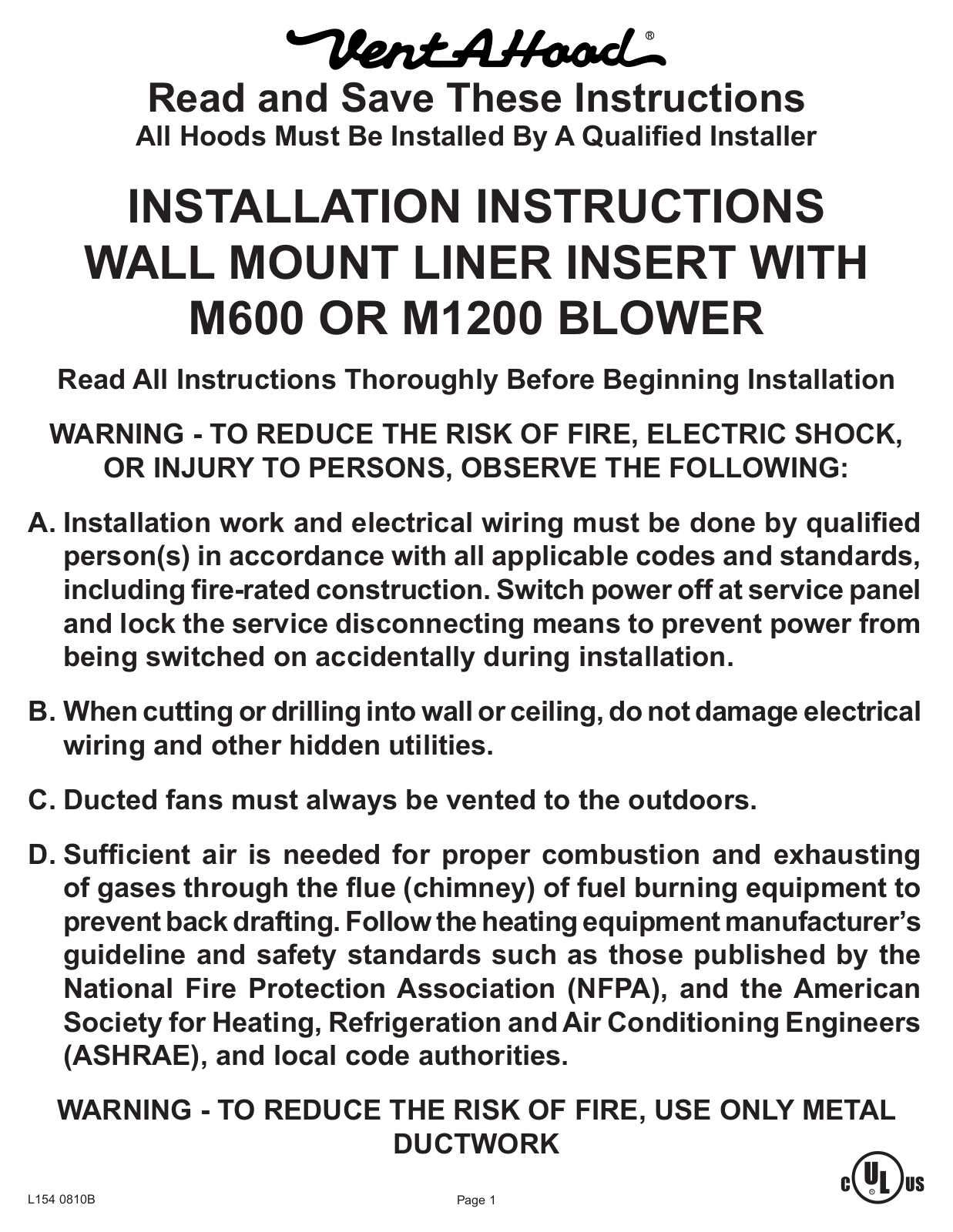 Vent-A-Hood M46PSLDSS, M46SLDSS Installation manual