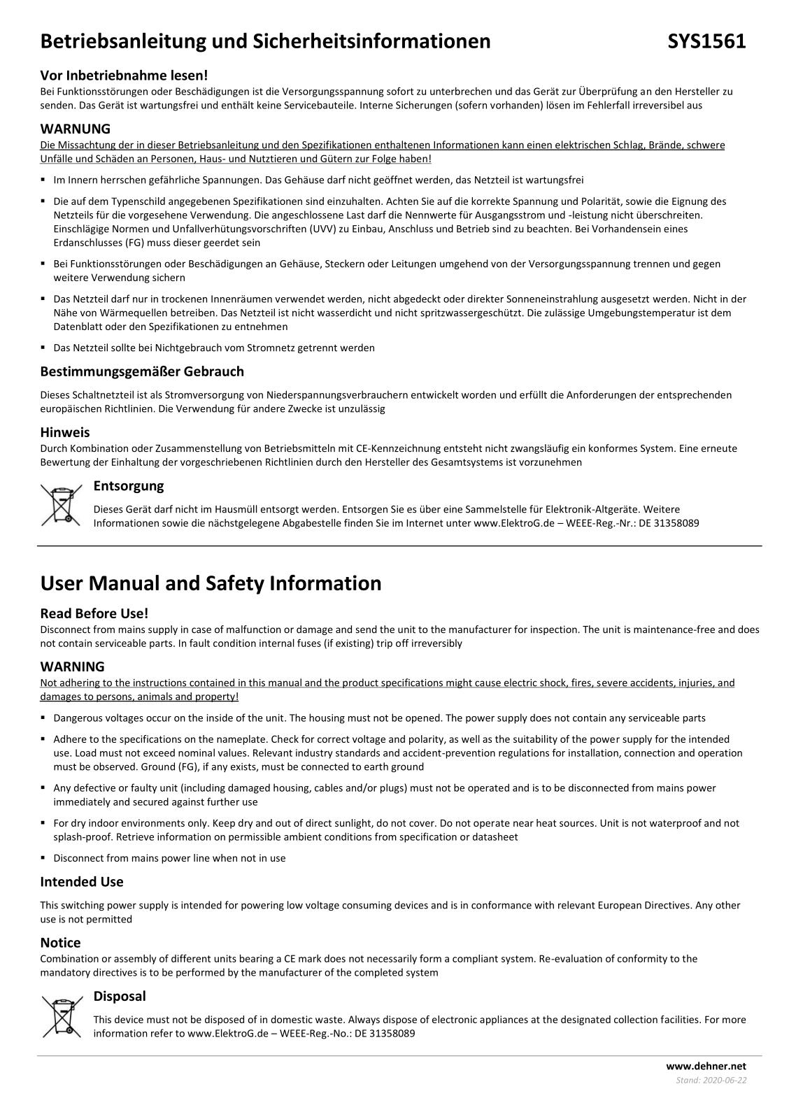 Dehner Elektronik SYS 1561 Operating Instructions