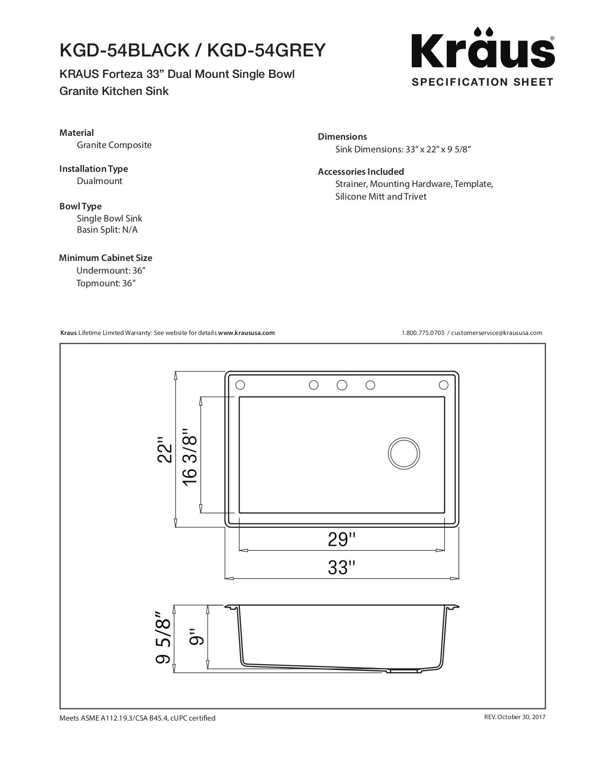 Kraus KGD54SINK, KGD54BLACK Specifications