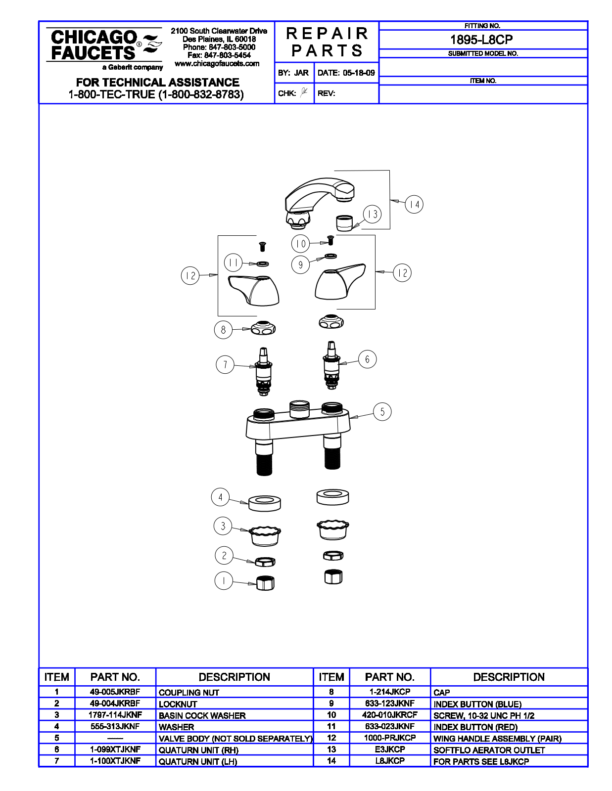 Chicago Faucet 1895-L8CP Parts List