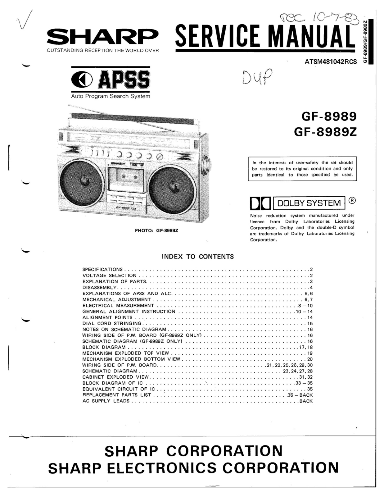 Sharp GF-8989 Schematic