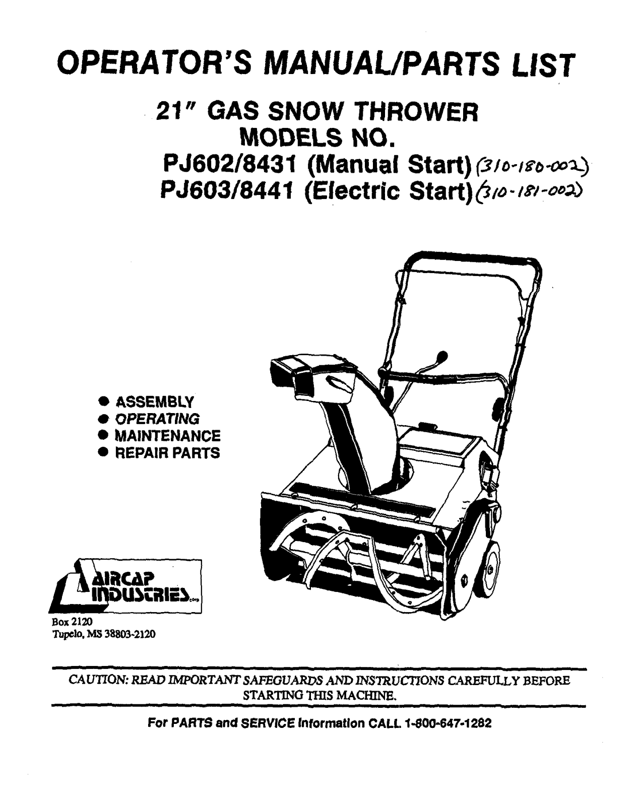 Mtd pj602/8431, PJ603/8441 operators manual