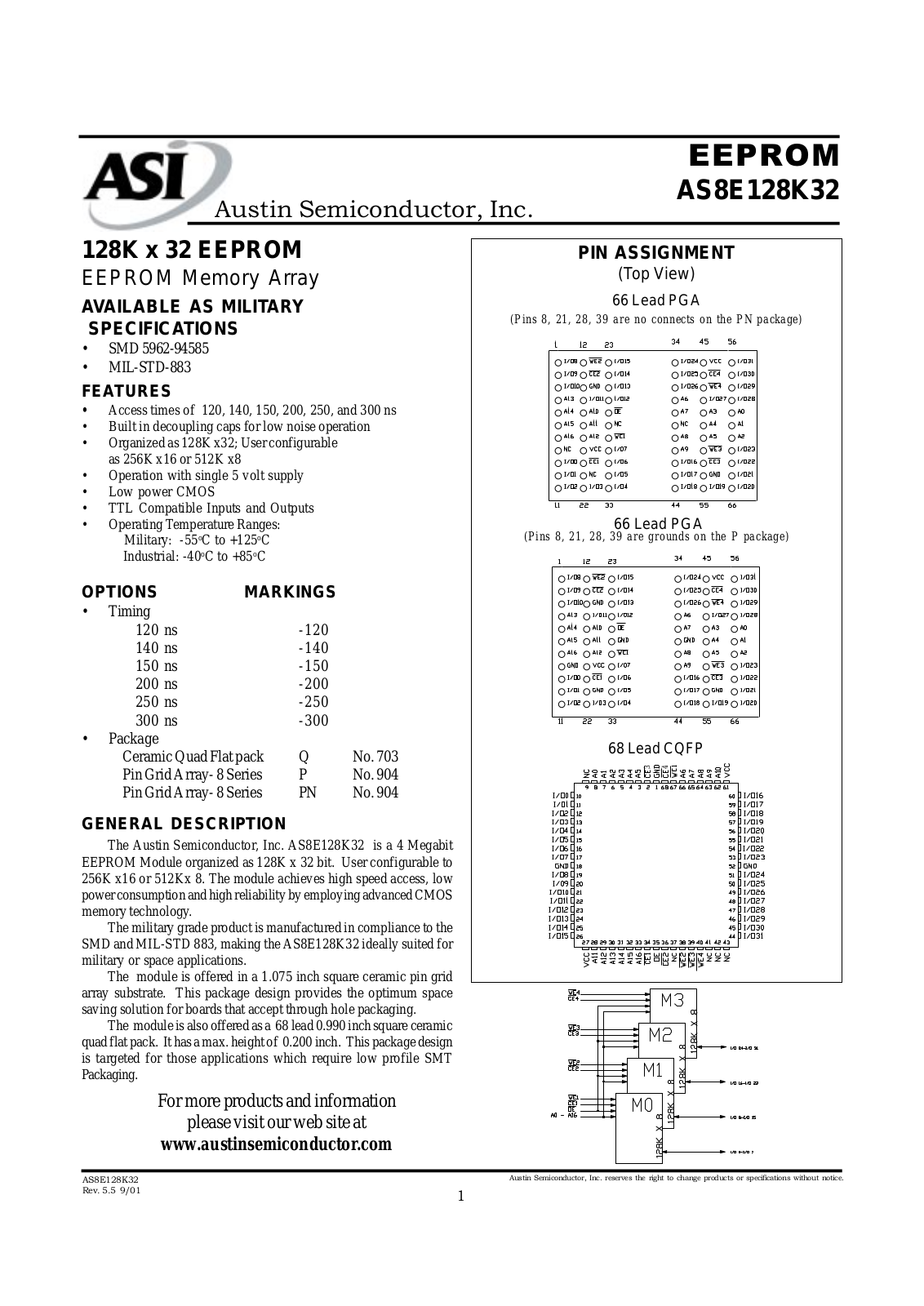 AUSTN AS8E128K32Q-140-XT, AS8E128K32Q-140-IT, AS8E128K32Q-140-883C, AS8E128K32Q-120-XT, AS8E128K32Q-120-IT Datasheet