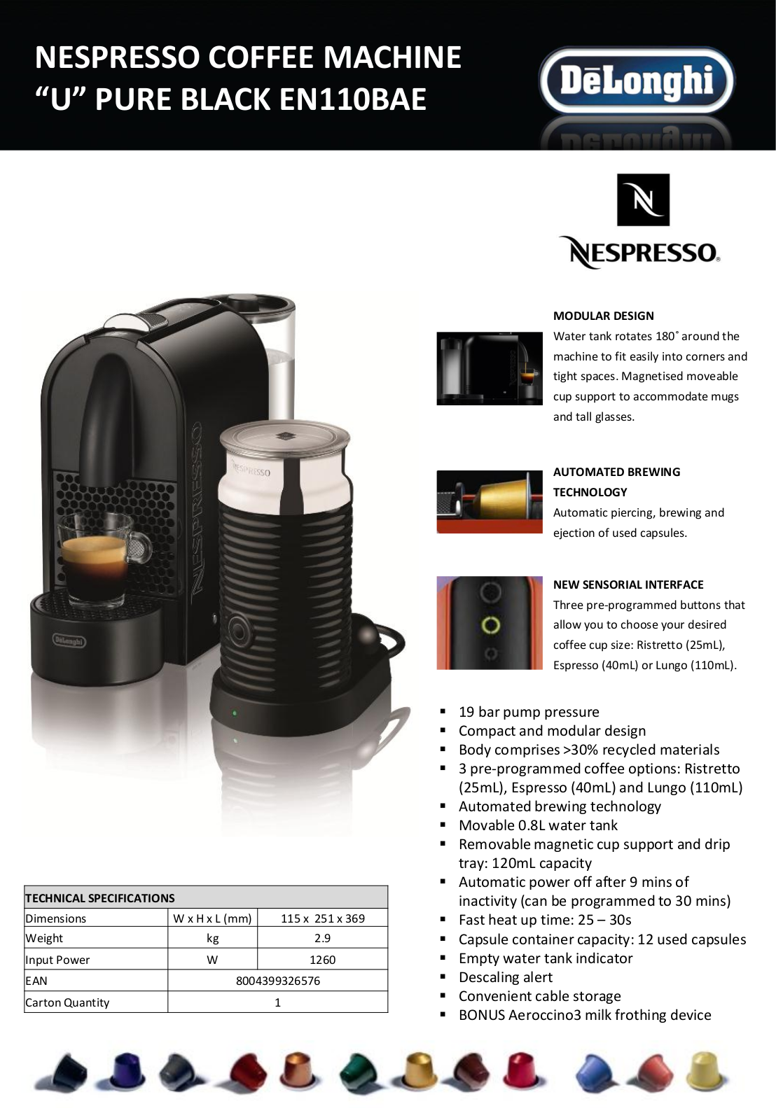 Delonghi EN110BAE Product Sheet