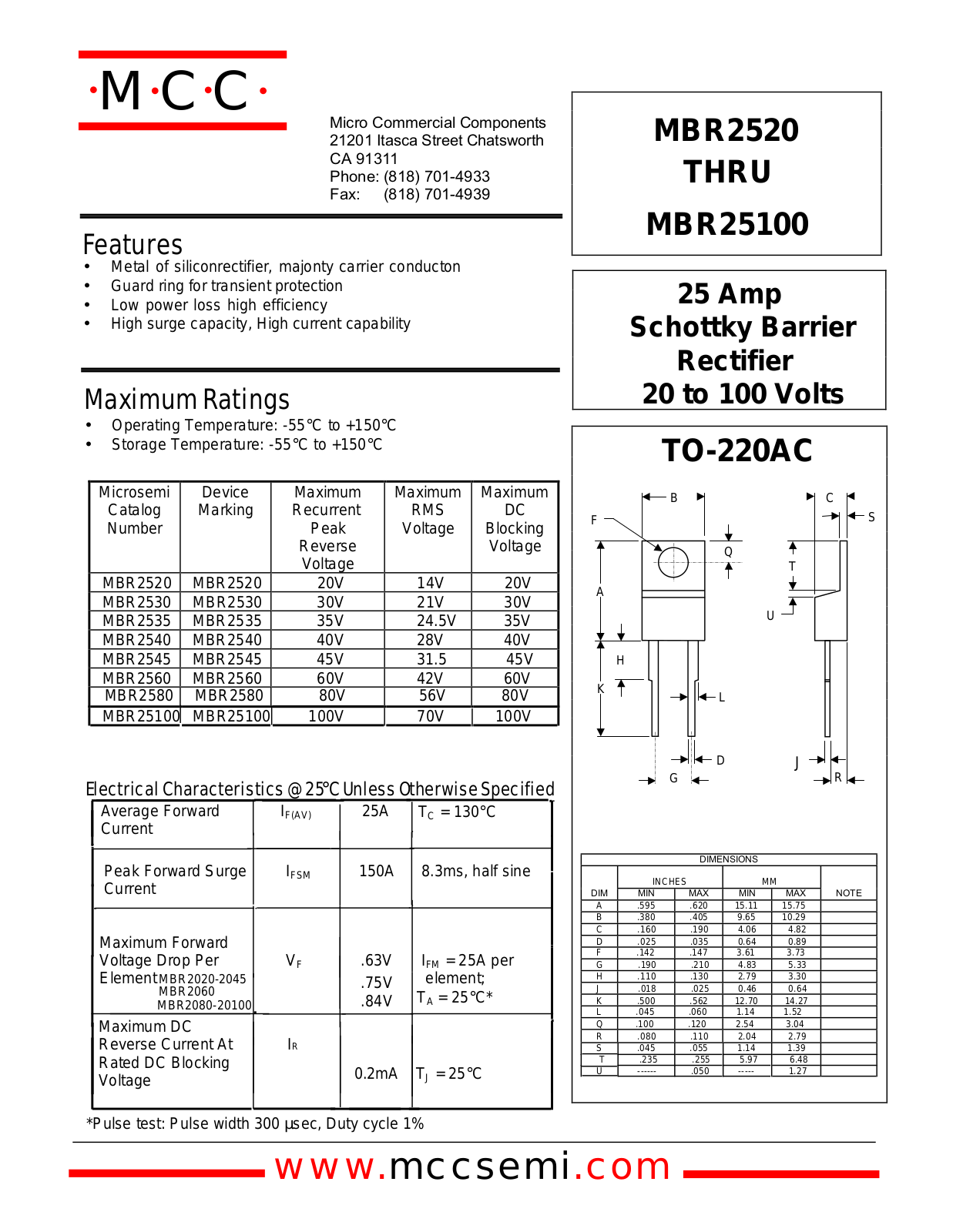 MCC MBR2580, MBR2540, MBR2535, MBR2530, MBR2520 Datasheet