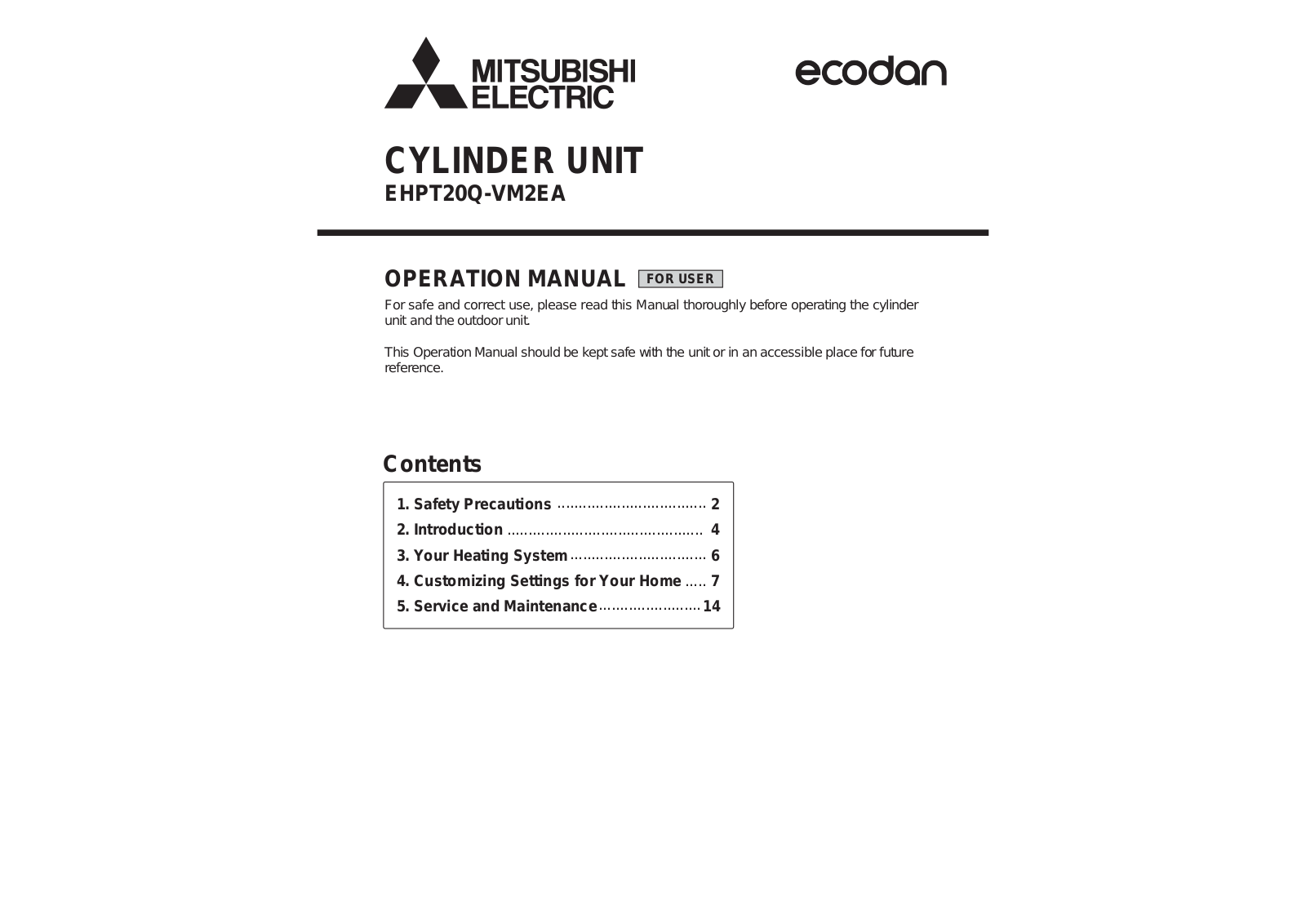 Mitsubishi Electric ecodan EHPT20Q-VM2EA Operation Manual