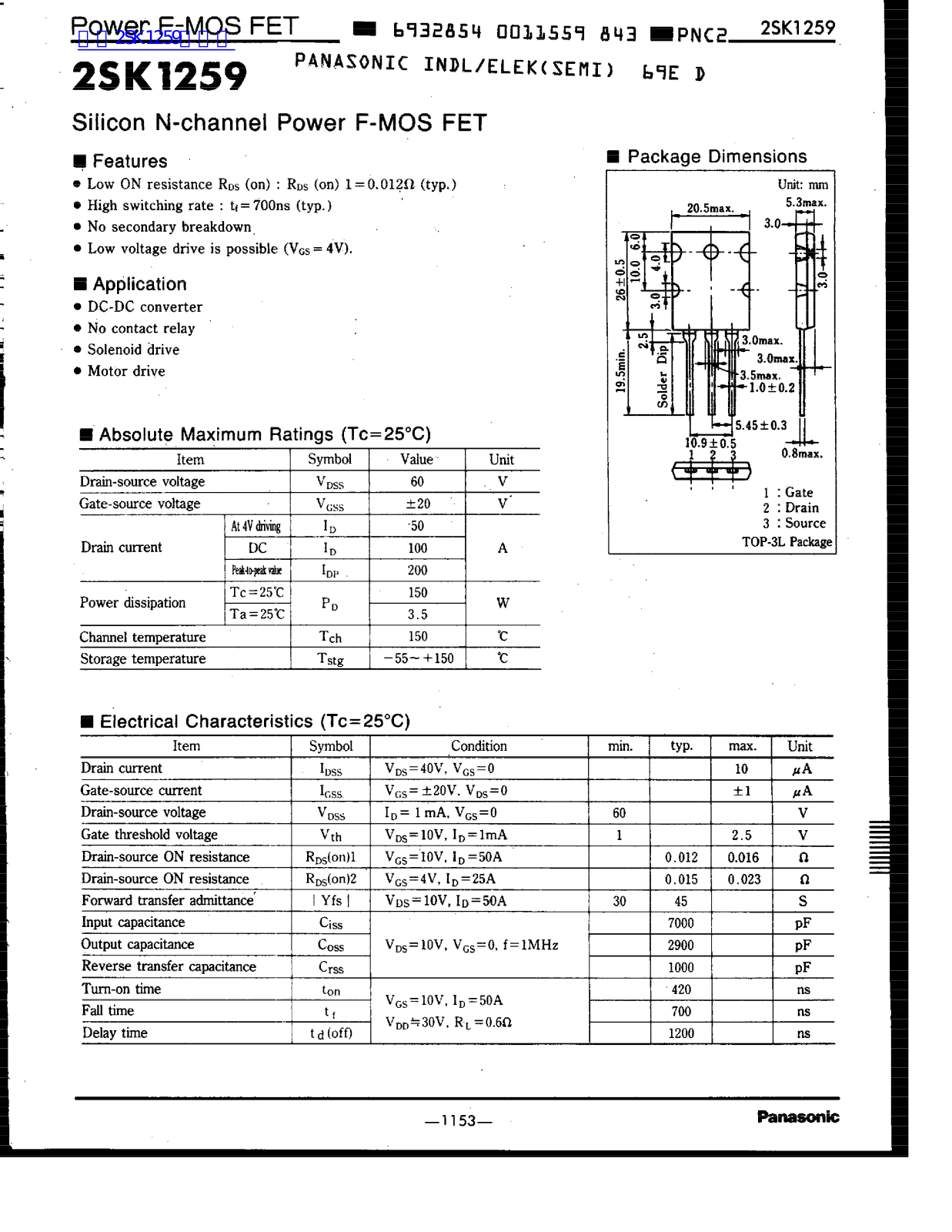 Panasonic 2SK1259 User Manual