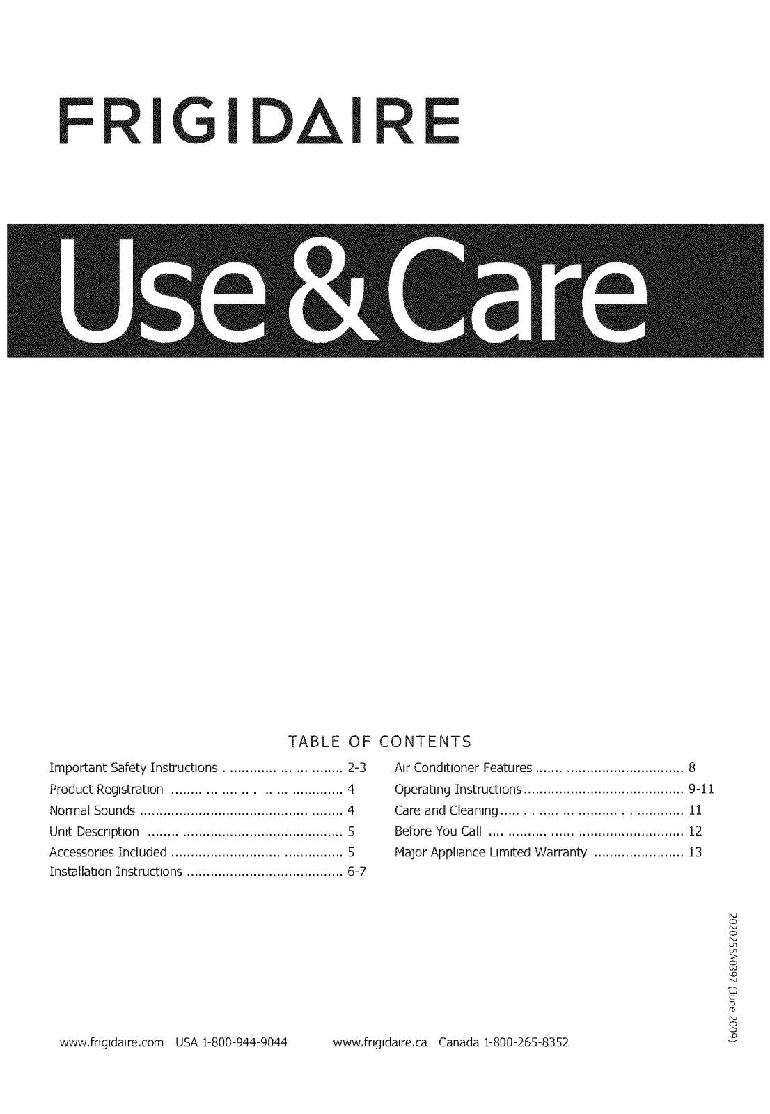 Frigidaire FRA07EPU115, FRA07EPU114, FRA073PU115, FRA073PU114, FRA053PU115 Owner’s Manual