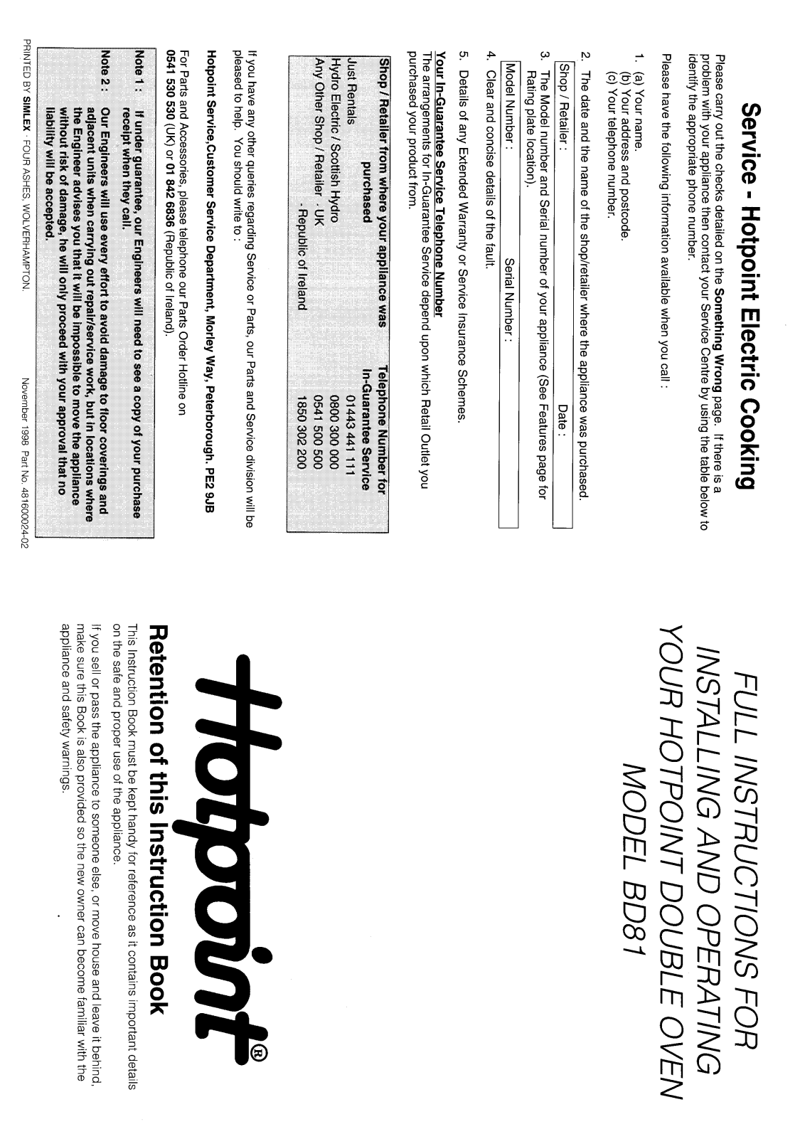 Hotpoint BD81 User Manual