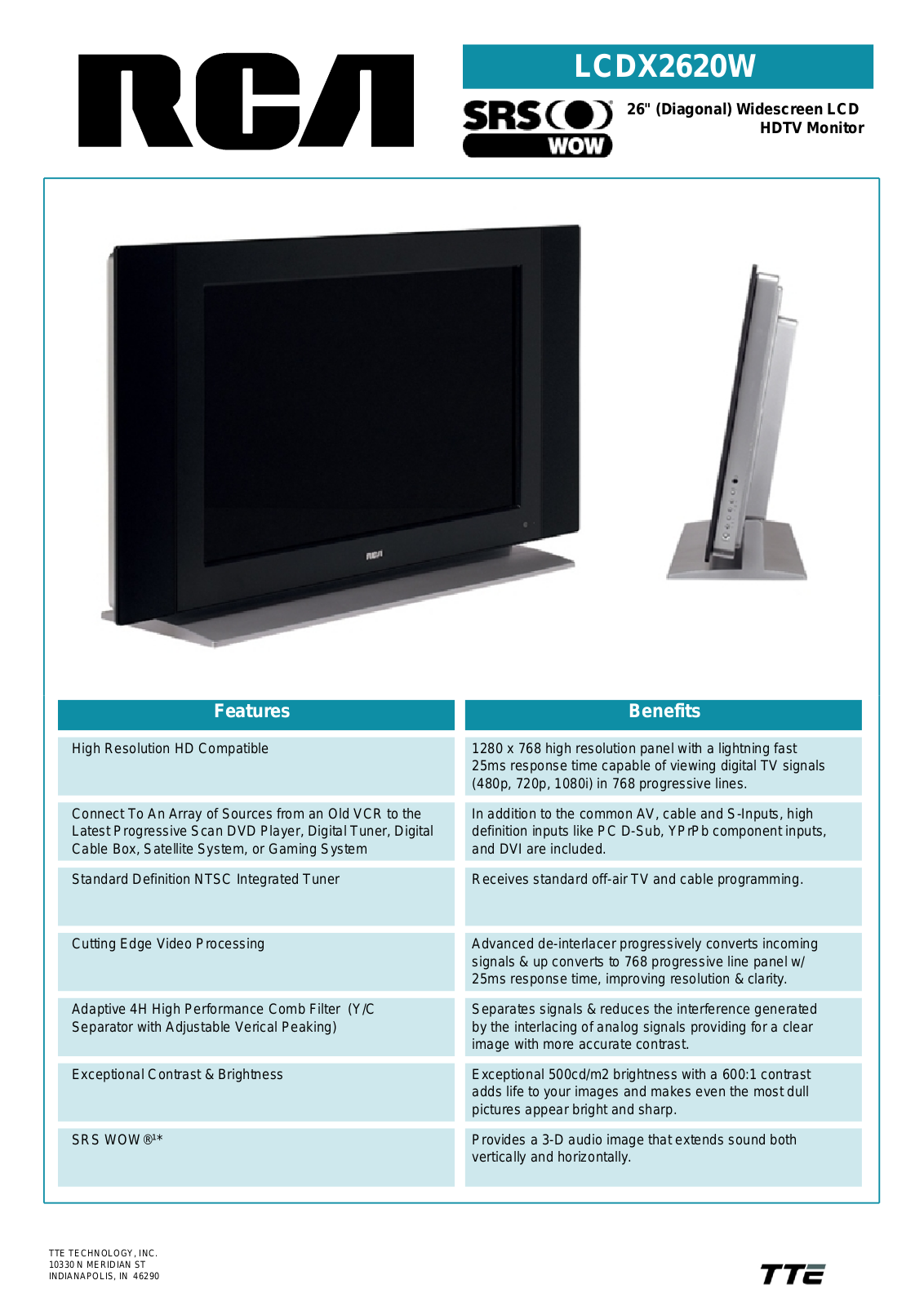 RCA LCDX2620W Specification Sheet