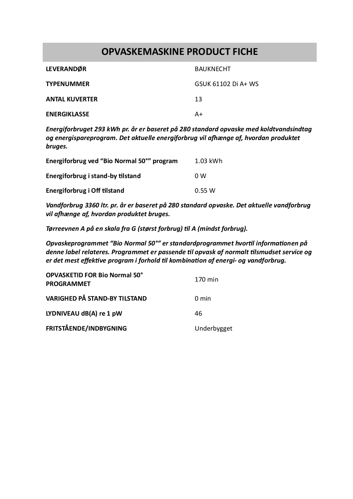 Bauknecht GSUK 61102 DI A WS INSTRUCTION FOR USE