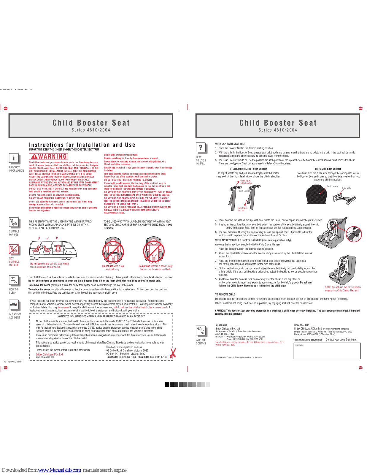 Britax CHILD BOOSTER SEAT - SERIES 4810-2004, 4810/2004 Series User Manual