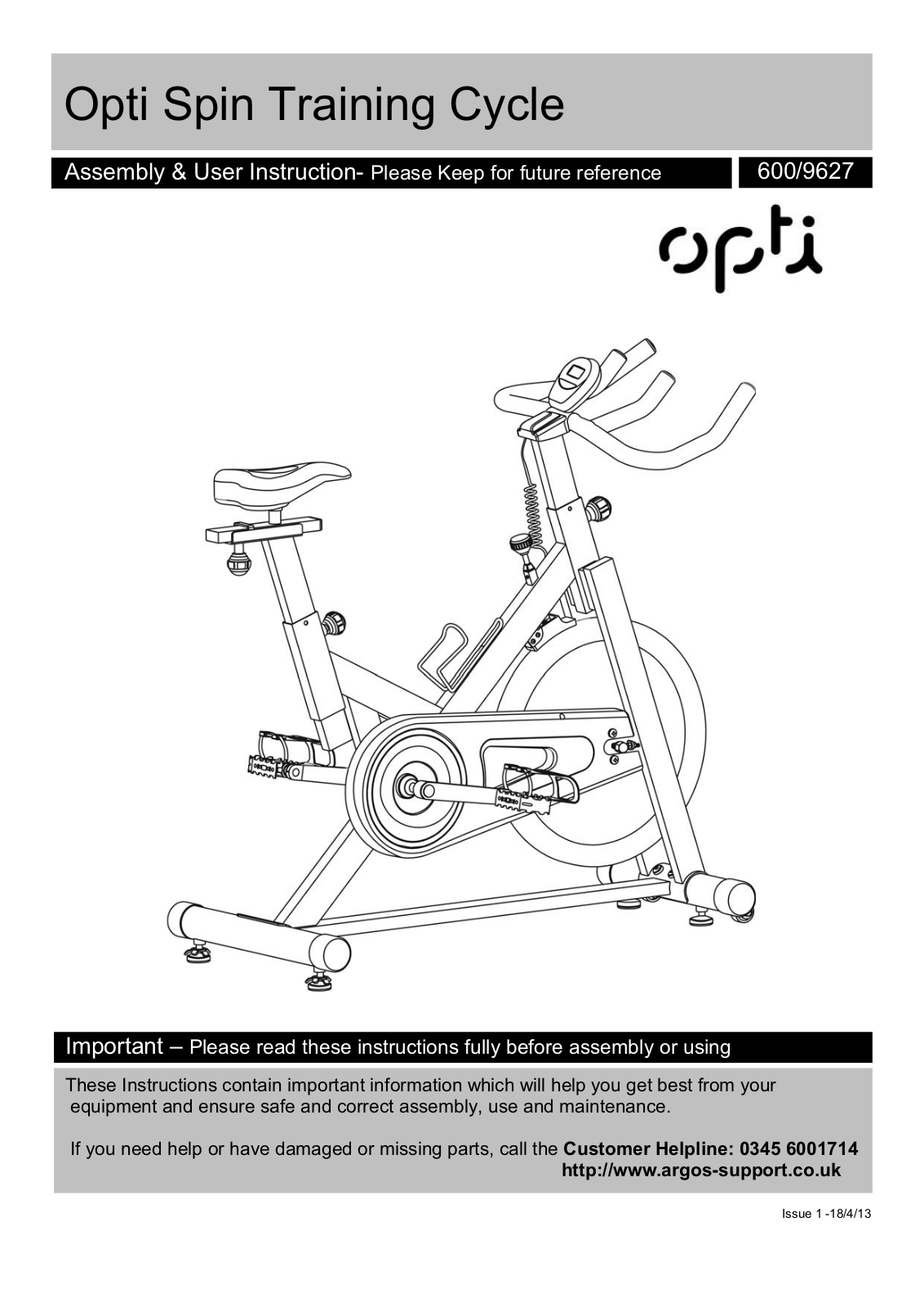 opti spin training cycle Instruction manual