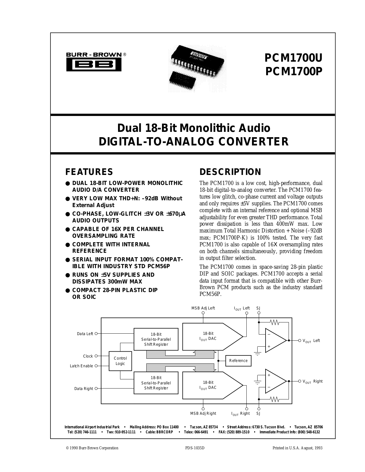 Burr Brown PCM1700P, PCM1700P-J, PCM1700P-K, PCM1700U, PCM1700U-J Datasheet