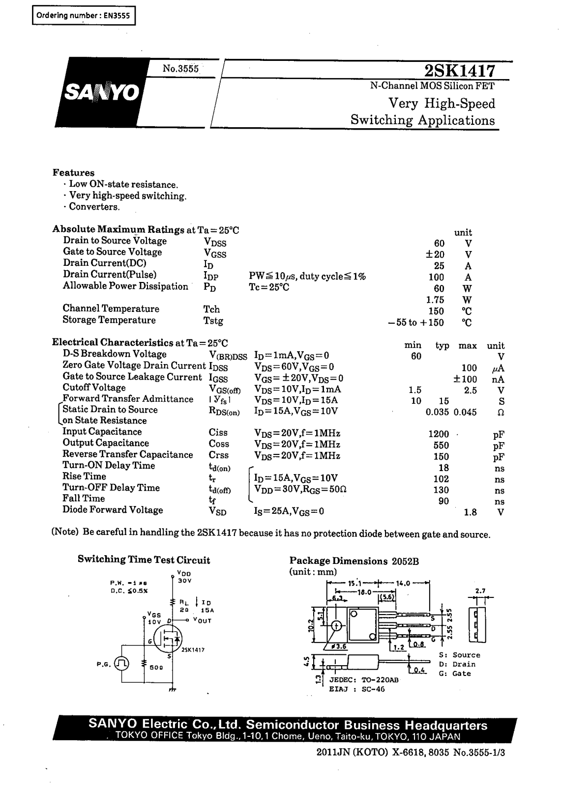 SANYO 2SK1417 Datasheet