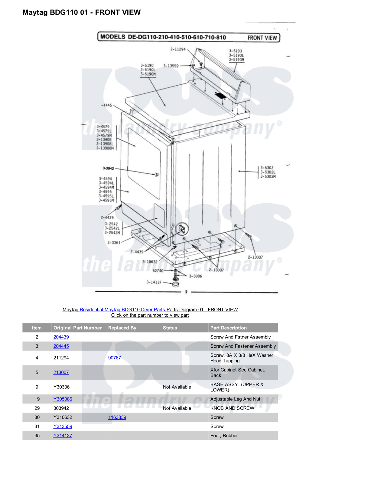 Maytag BDG110 Parts Diagram