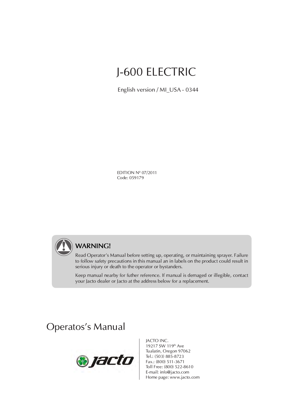 Jacto J-600 Electric, J-600 CHT, AJ-401 LH PLUS Operator's Manual - ManualMachine.com