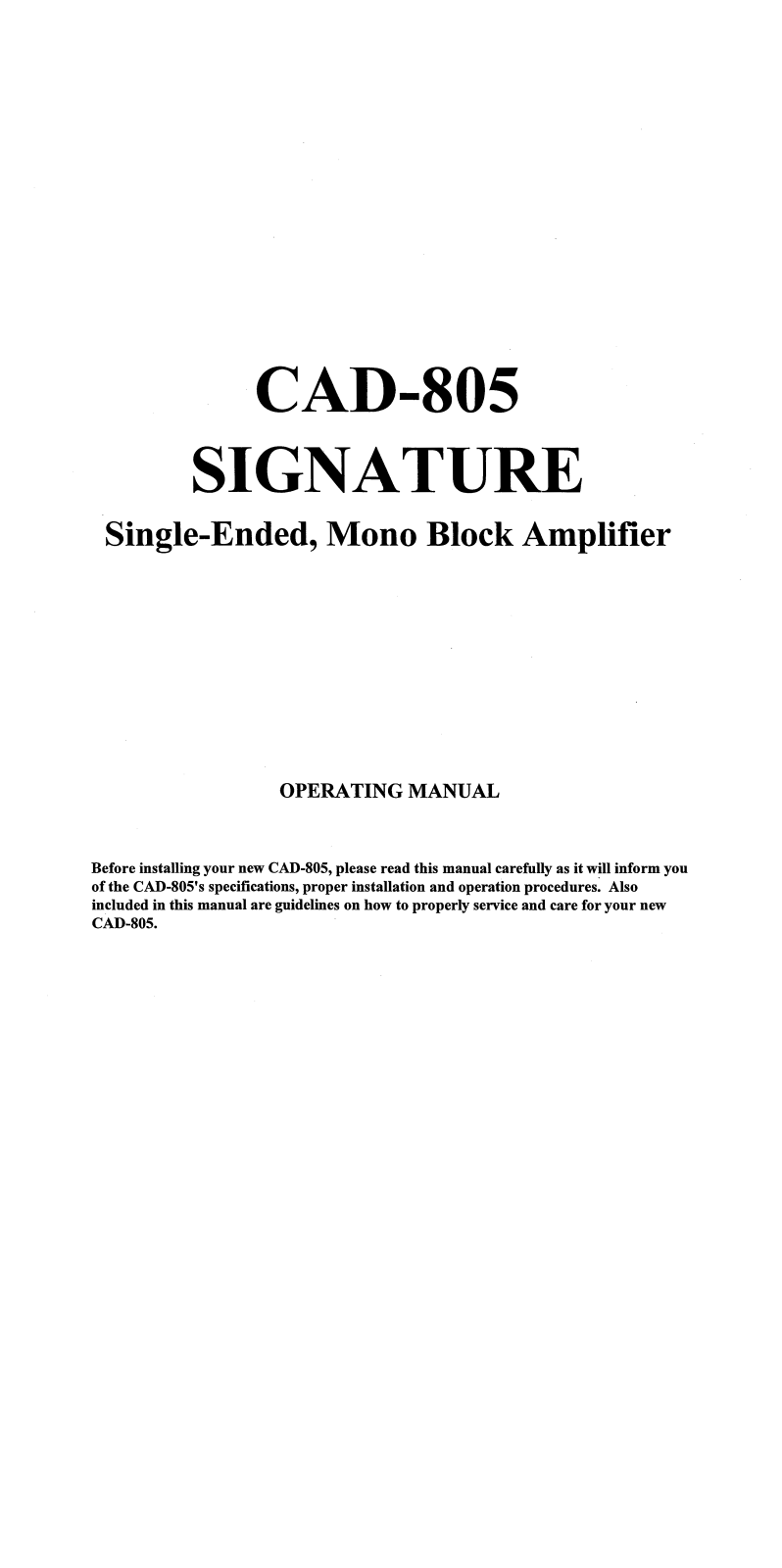 Cary Audio CAD 805 Signature Owner's Manual