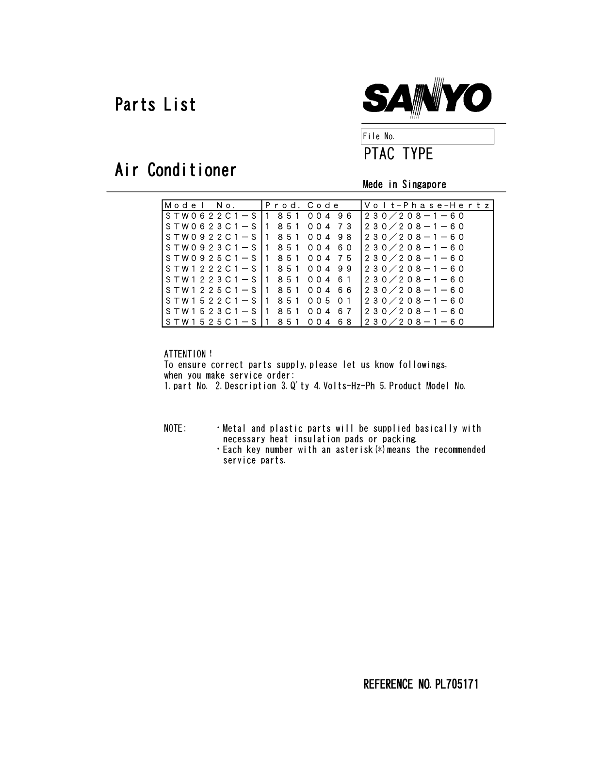 Sanyo STW0623C10-S, STW0925C10-S, STW0922C10-S, STW0923C10-S, STW1222C10-S Parts List